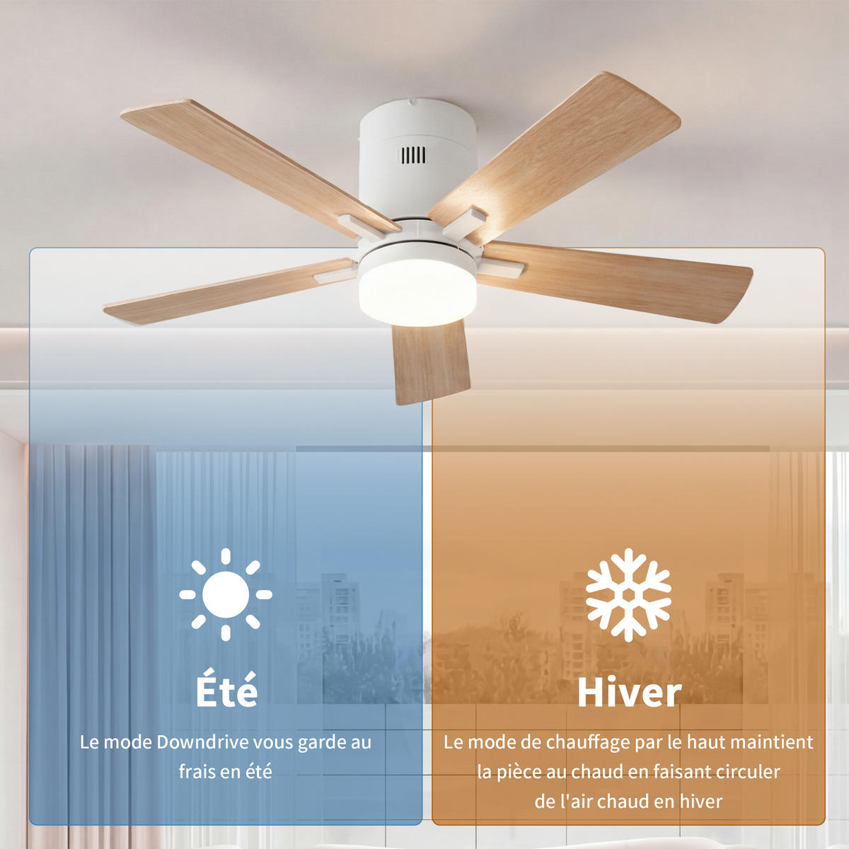 DECKENVENTILATOR 106,6cm 2in1 Holzoptik 5 Flügel LED Licht Timer - Weiß, Kunststoff (107/107/28cm) - CASIVA