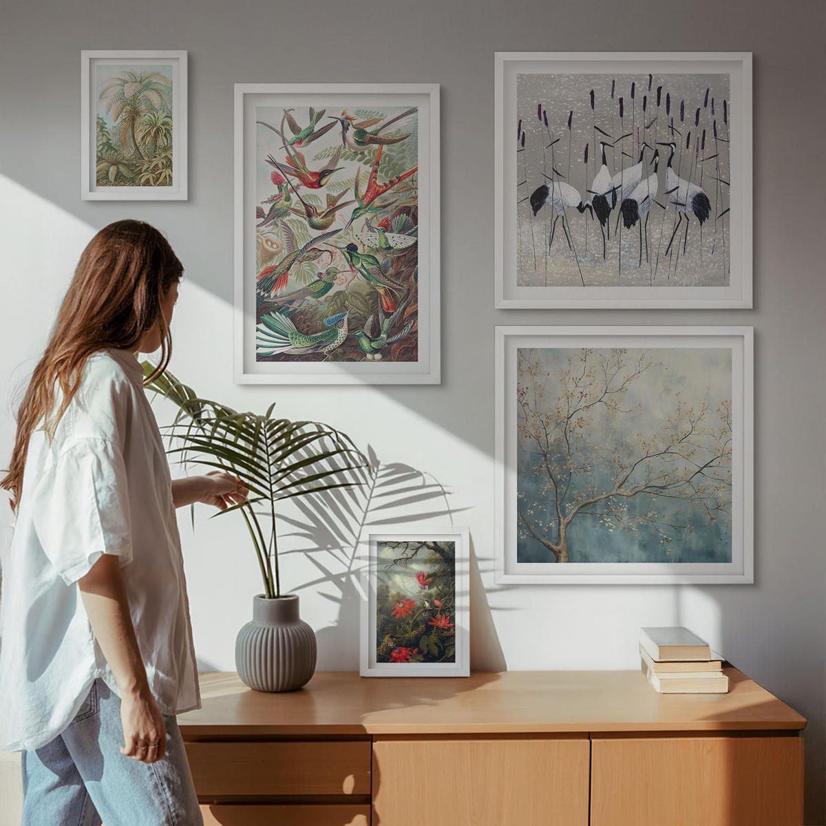 BILDER SET 5er Set - 50x50 cm & 20x30 cm & 40x60 cm Weißer Rahmen - Pastellfarbene Berglandschaft mit rosa Flamingos - Weiß, Kunststoff (40/60cm) - TULUP