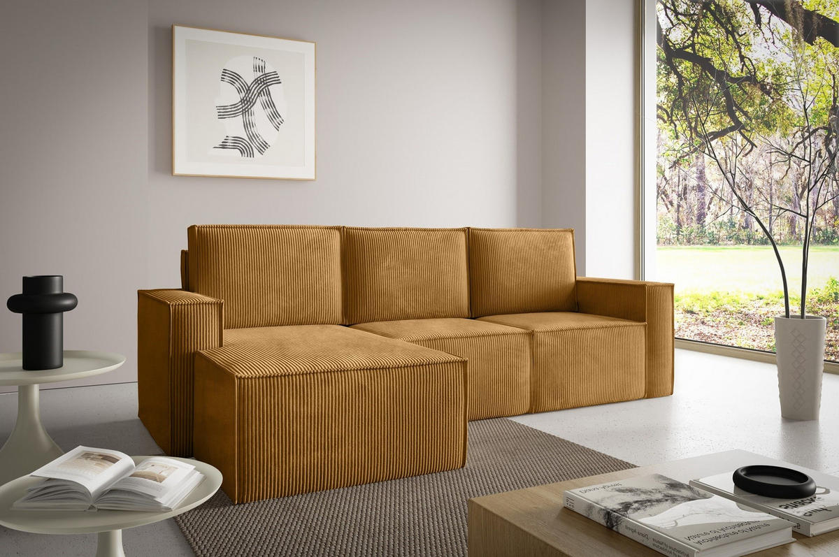 ECKSOFA Orto Gelb, Dreisitzer Kordecksofa linke seite - Gelb, Holzwerkstoff/Textil (180/142cm) - Bettso