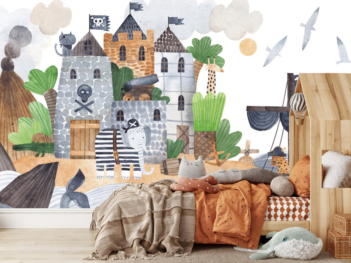 FOTOTAPETE für Kinderzimmer Märchen Piratenfestung Schiff Meereswellen 100x70 - Blau/Beige, Papier (100/70cm) - Muralo