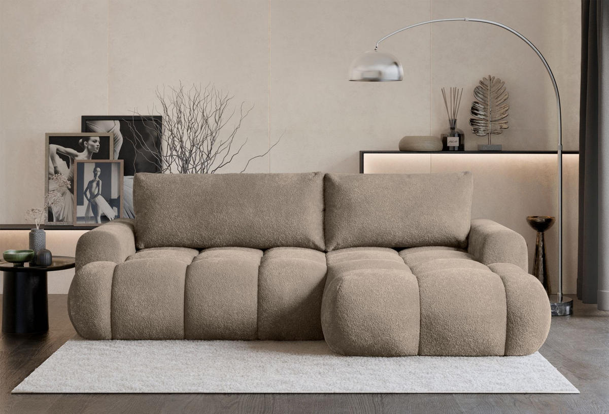 ECKSOFA Ombo Mini, Dunkelbeige Bouclé, rechtsseitig - Beige/Schwarz, Kunststoff/Textil (256/155cm) - Selsey