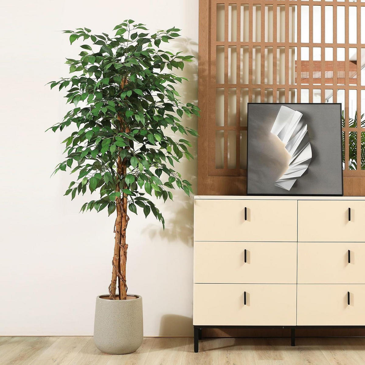 KUNSTPFLANZE Ficusbaum 180 cm mit Naturholzstamm - Grün, Holz (135cm)