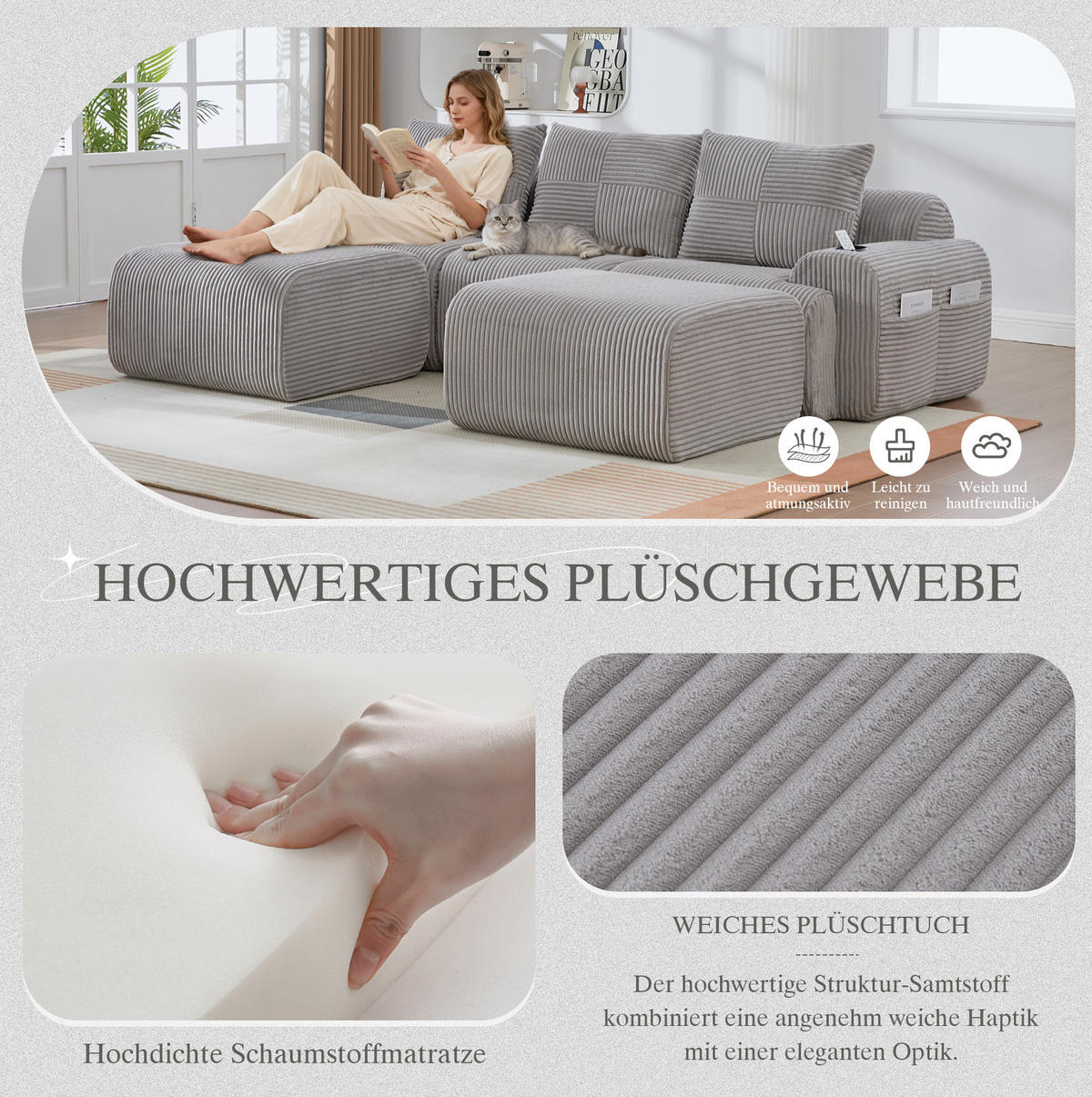 WOHNLANDSCHAFT 268/174/80 cm in Hellgrau, modular mit 2 Hockern und Getränkehalter - Hellgrau, Textil (174/80/268cm) - Flora Grace