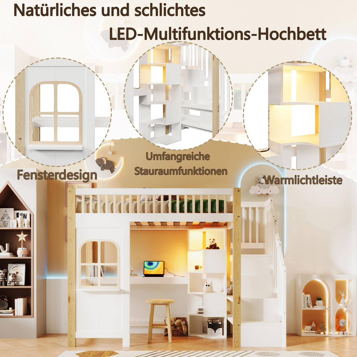 HOCHBETT 90/200 cm mit LED-Beleuchtung, Schreibtisch und Ablageleiter in Weiß/Natur - Weiß, Holz (140/200cm) - Flora Grace