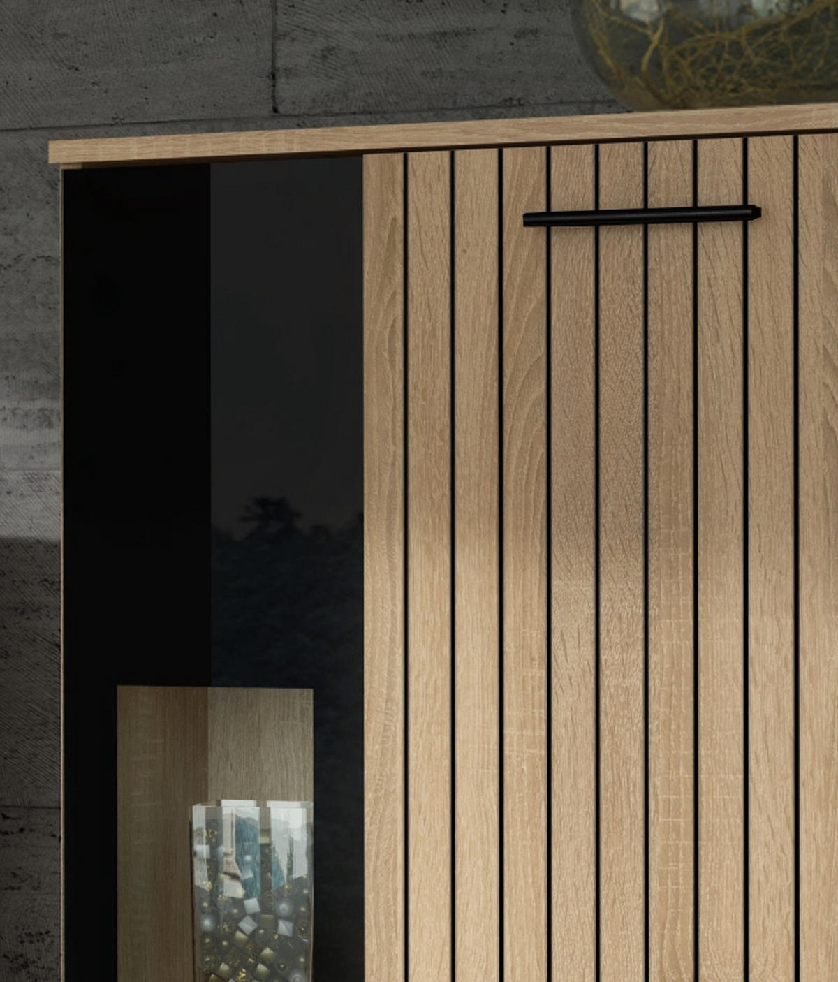 WOHNWAND Eiche, schwarz 255 cm Lamellenoptik, Schrankwand mit Beleuchtung - Eichefarben/Schwarz, Glas/Holzwerkstoff (255/180/30cm) - Furn.Design