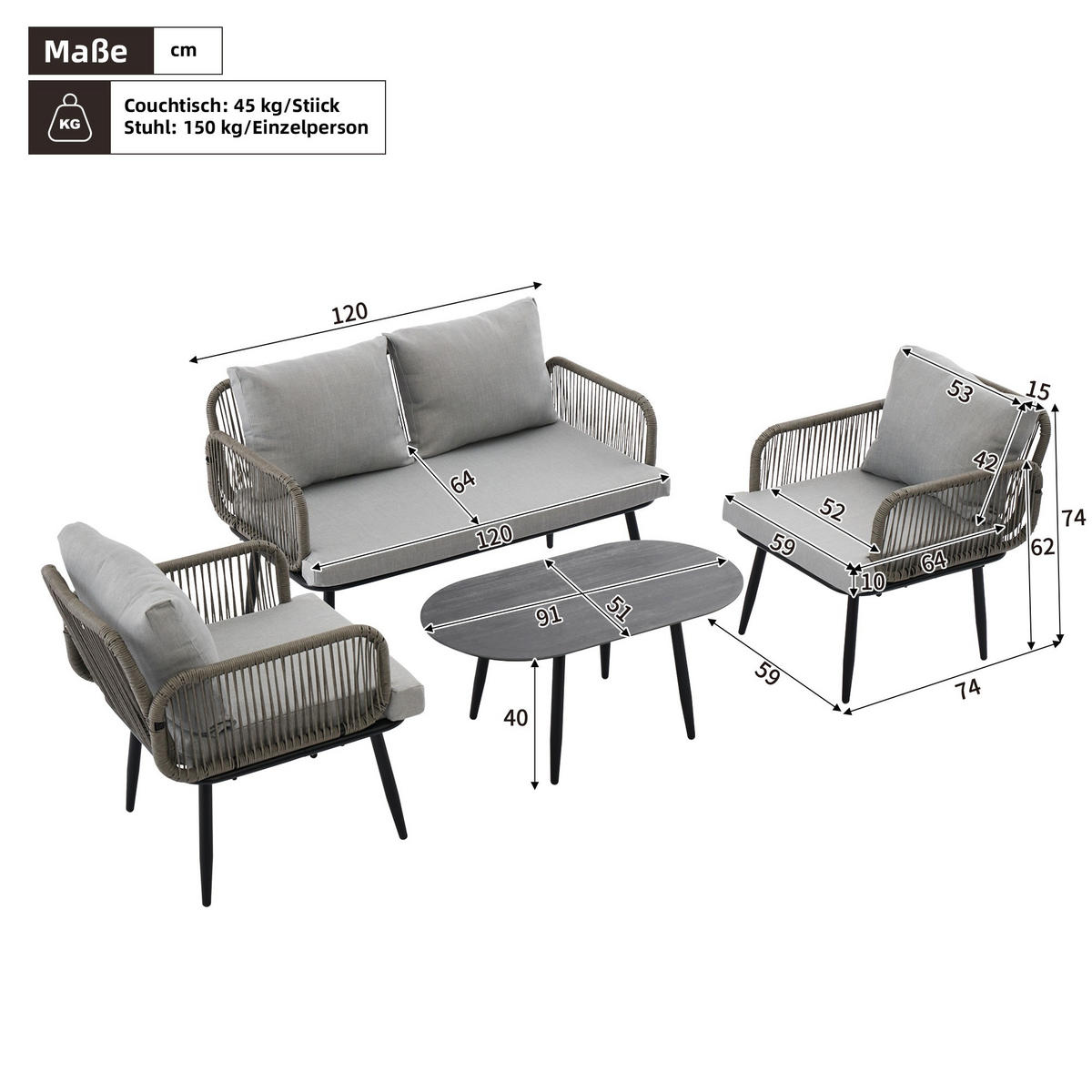 GARTENGARNITUR 4-teiliges Gartenmöbel Set,PE Rattan Garten-Loungestuhl-Set,Grau - Grau, Metall - LVHOM