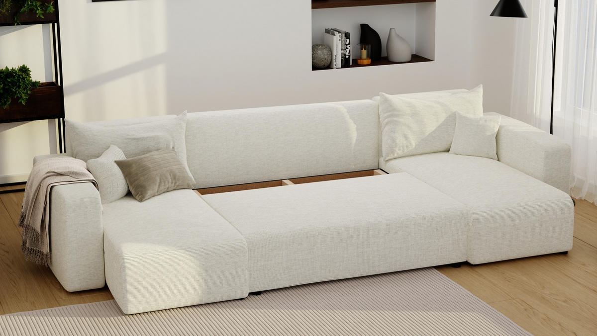 WOHNLANDSHAFT U-Form mit Schlaffunktion und Bettkasten, Beige - Beige/Creme, Holzwerkstoff/Textil (318/79/145cm) - Idohome