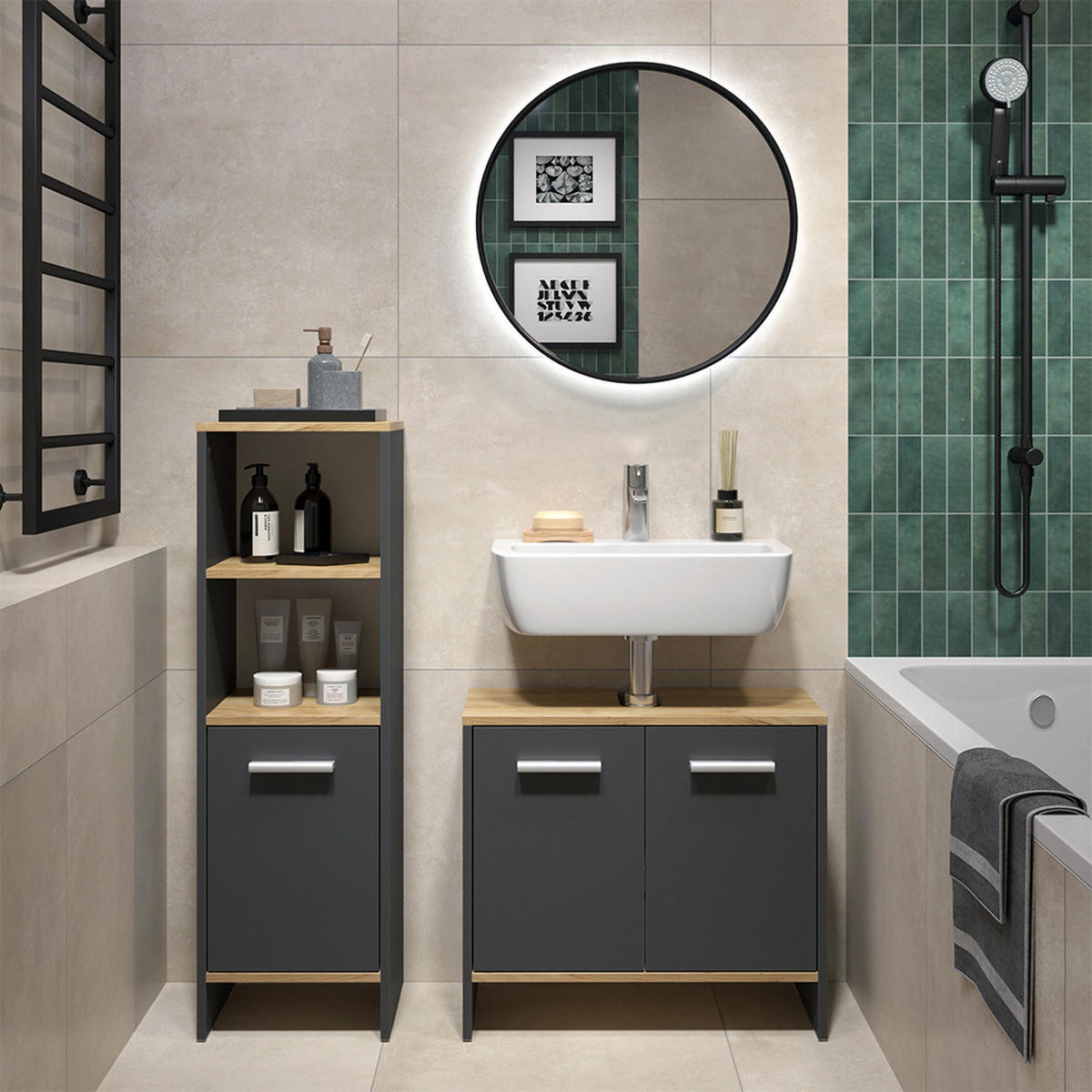 SESTAVA KOUPELNOVÉHO NÁBYTKU Karli Antracit/zlatý dub - antracitová, kompozitní dřevo (63.8/57/26.3cm) - Vicco