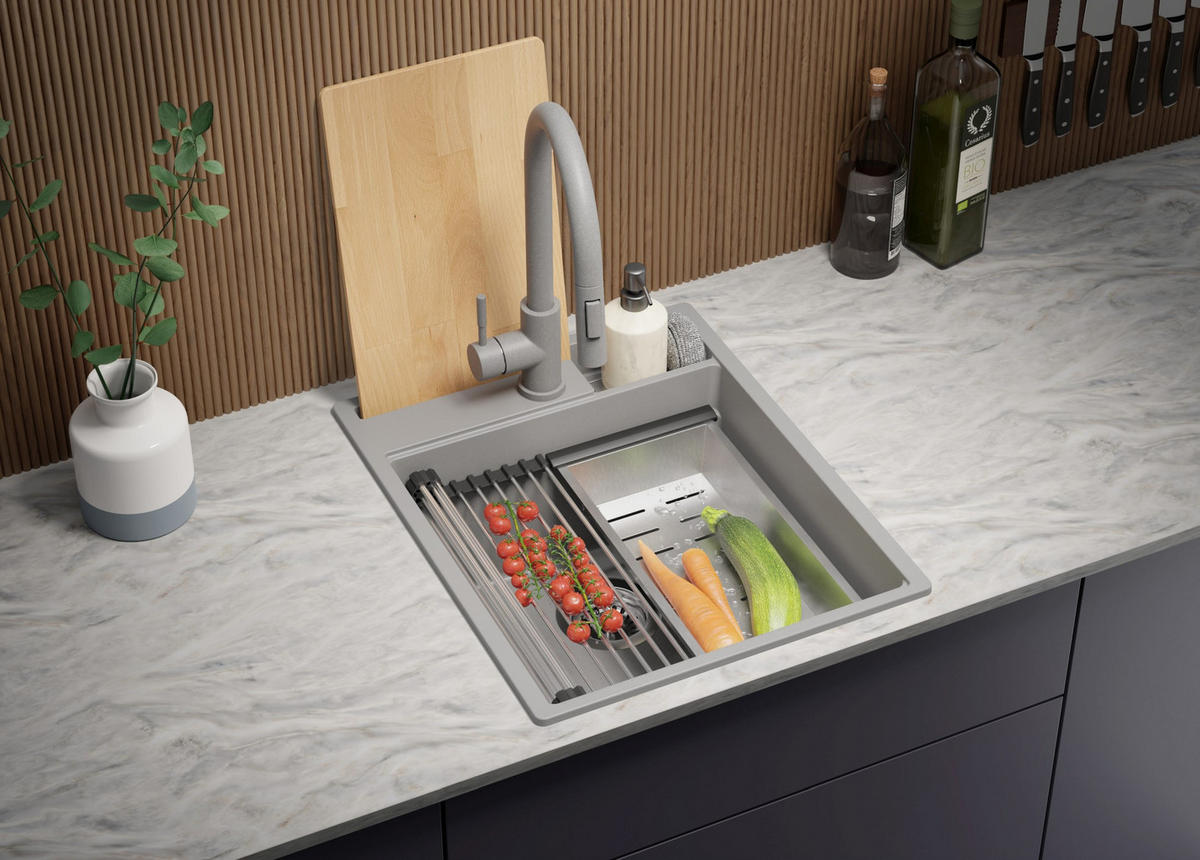 GRANITSPÜLE Oslo Pocket, 2-er set Grau 43/53 cm 1 Becken + Küchenarmatur 40/20 cm + Ablauf-Set + Küchenzubehörset ab 45er Unterschrank - Chromfarben/Beige, Kunststoff (43/20/53cm) - Primagran