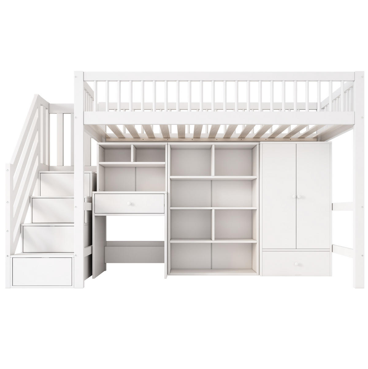 KINDEREINZELBETTEN aus Massivholz & MDF 90x200 cm in Weiß mit Schreibtisch & Treppe - Weiß, Holz (90/200cm) - Modfu