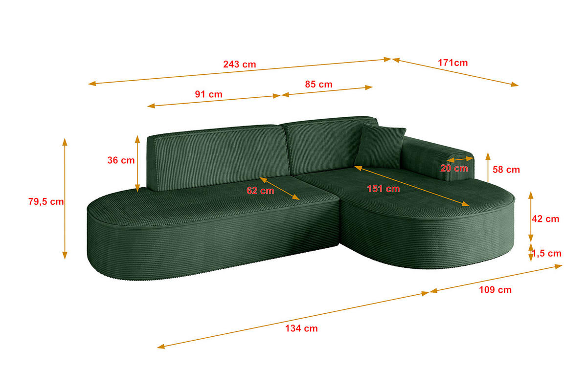 ECKSOFA Ottomane Rechts MARI-L1 - 243x171x79 cm Grün Cord - Schwarz/Grün, Holzwerkstoff/Kunststoff (234/163cm) - ALTDECOR