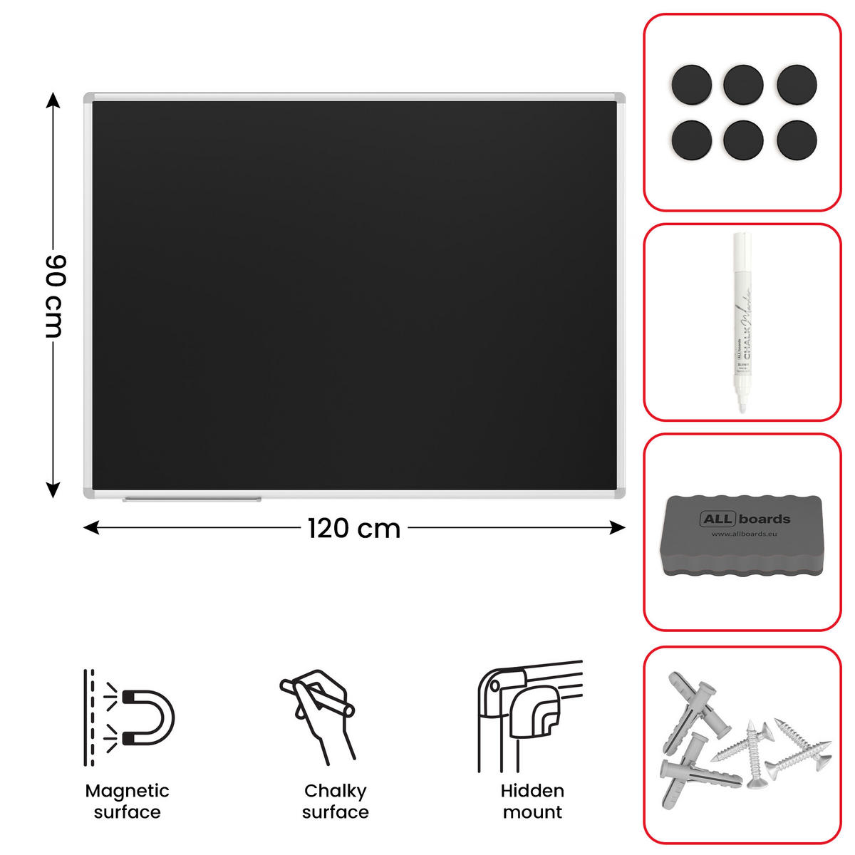 SCHWARZE magnetische Kreidetafel mit Alurahmen Premium EXPO 120x90cm - Schwarz, Metall (120/90/1.6cm) - ALLboards