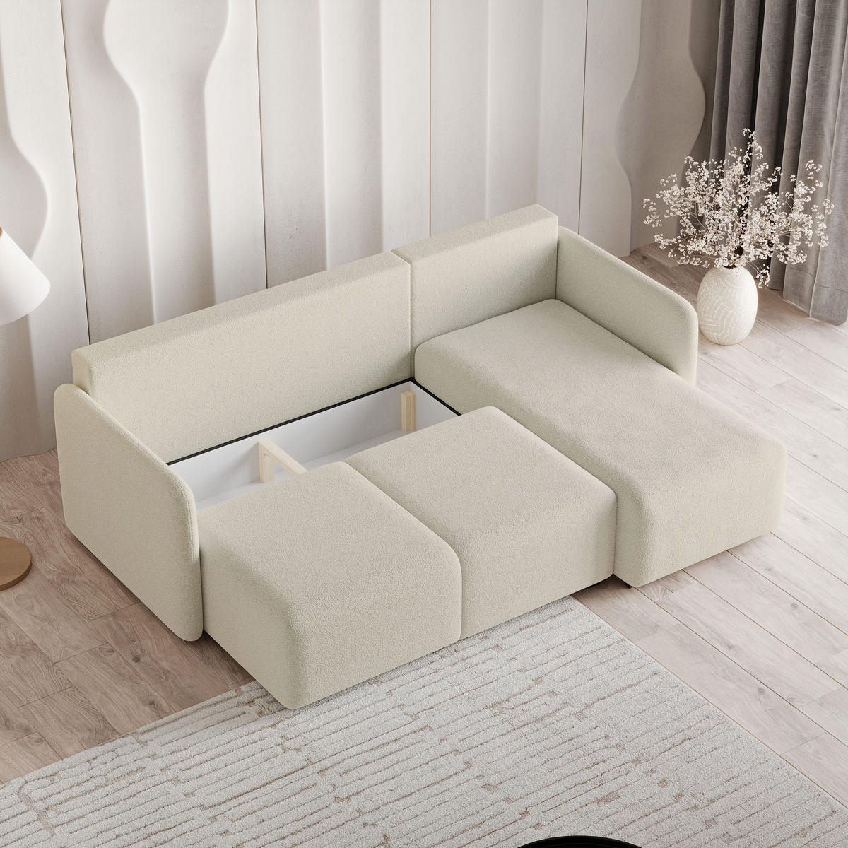 ECKSOFA SUVINO Creme Boucle-Stoff mit Schlaffunktion - Creme, Holz (230/143cm) - MASSENO