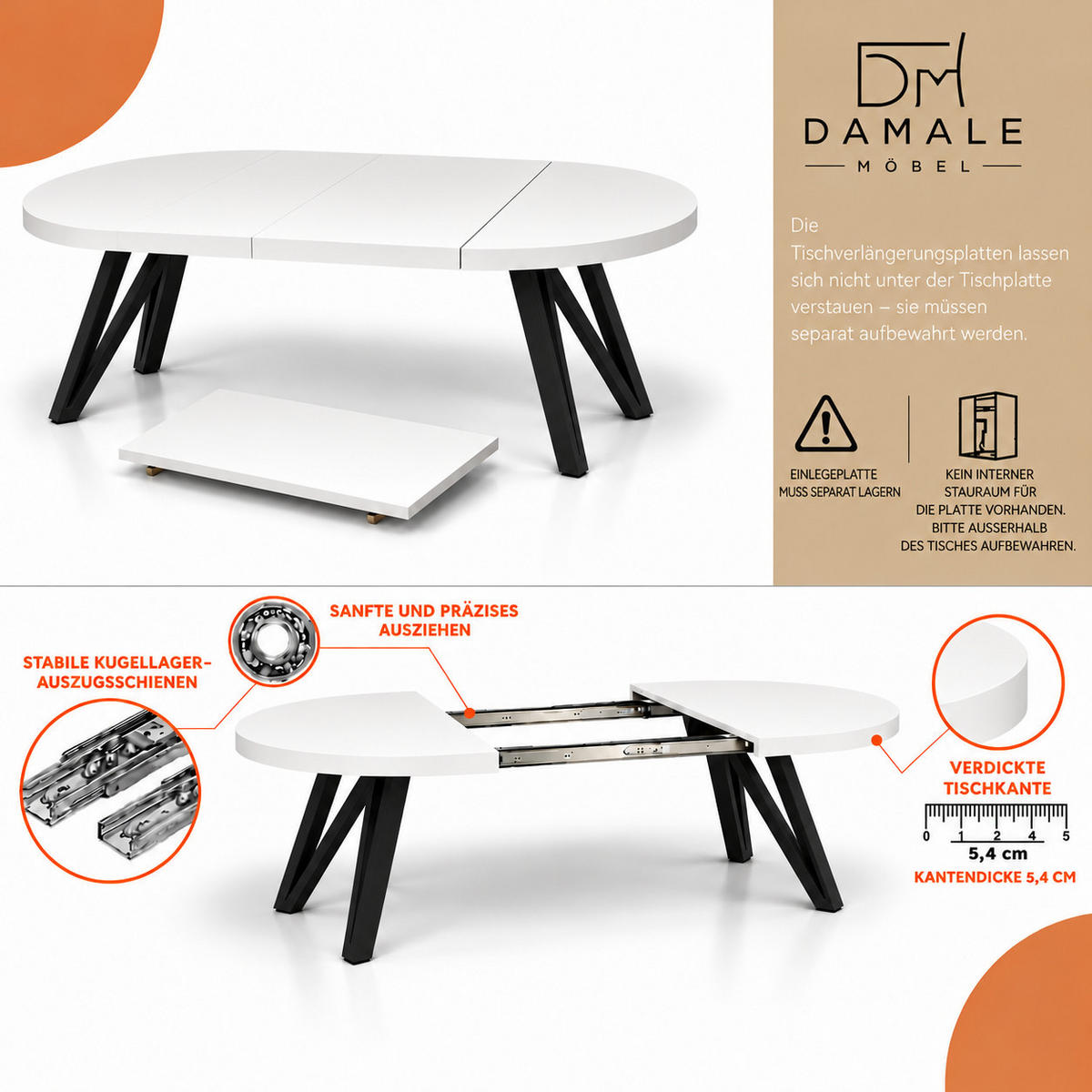 ESSTISCH rund ausziehbar 110/210/76 cm, Weiß, 54 cm Tischplatte + Industrial Metallgestell Schwarz - Schwarz/Weiß, Holzwerkstoff/Metall (110/210/76cm) - Damale Möbel