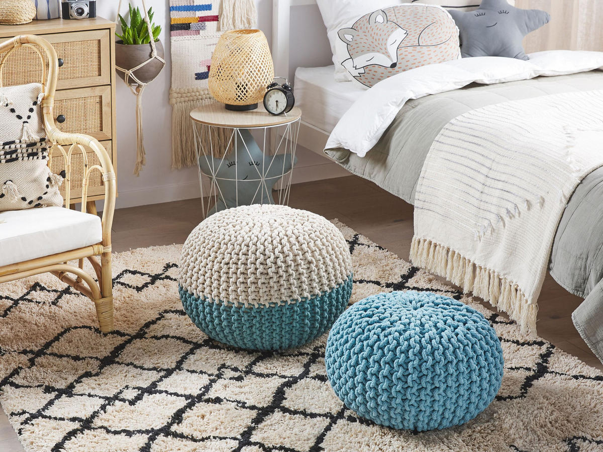 POUF Conrad 40/40/25 cm - Hellblau, Naturmaterialien/Textil (40/25/40cm) - Beliani