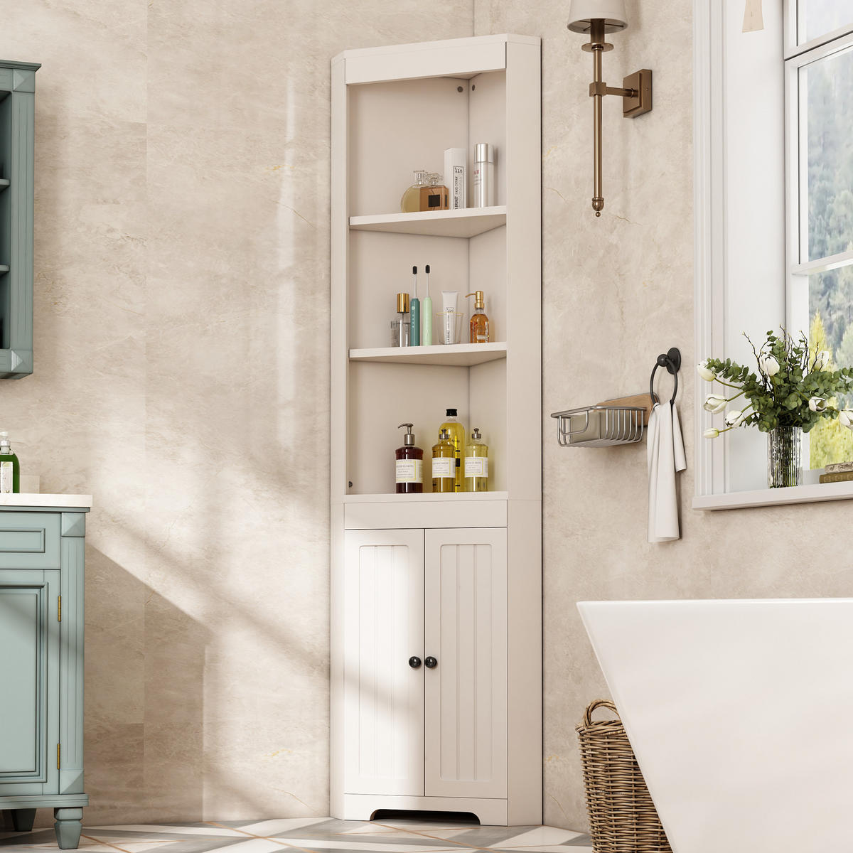 BADEZIMMERSCHRANK 49.5x25.8x170cm in Weiß, feuchtigkeitsbeständig mit 3 offenen Fächern - Weiß, Holzwerkstoff (25.8/170/49.5cm) - Modfu