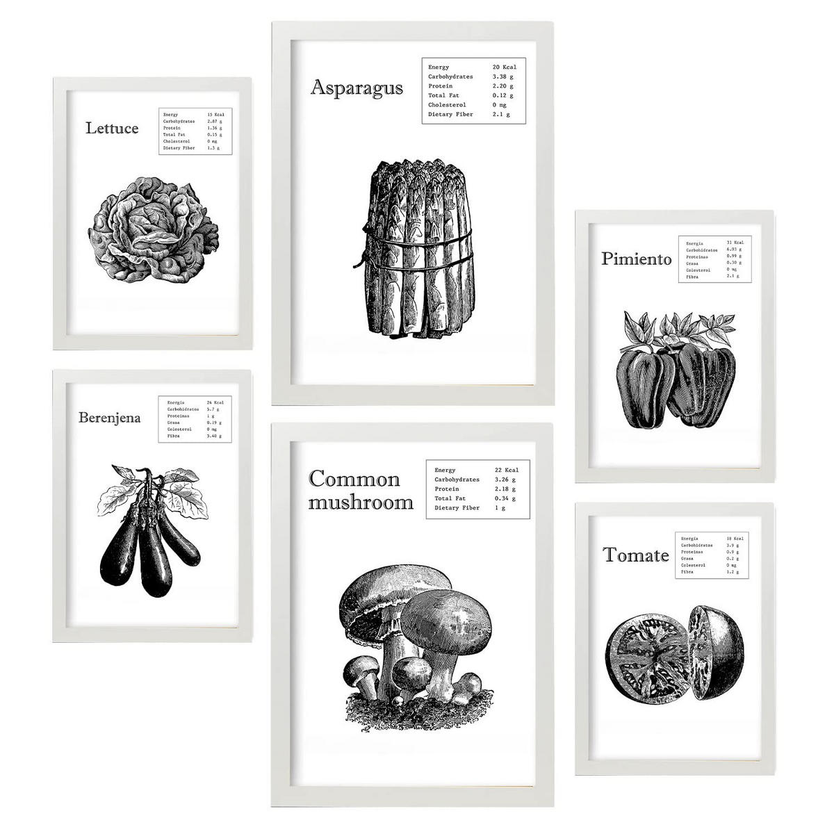 POSTER Set Mit 6 Gemüse Sammlung A3 & A4 Weißer Rahmen - Weiß, Papier (29/3cm) - Nacnic