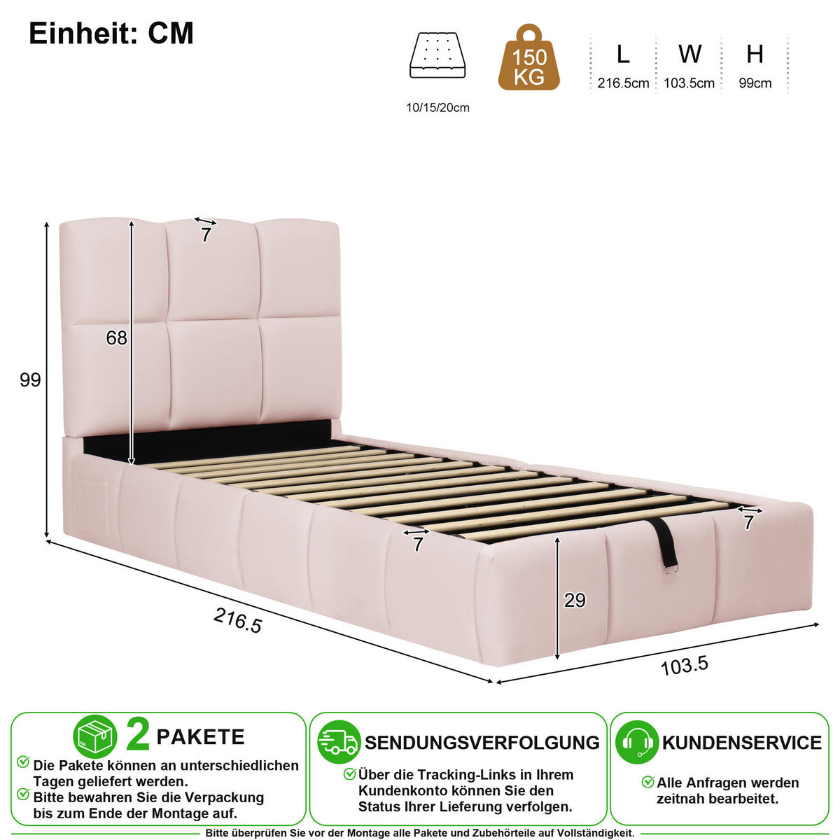 KINDERBETT 90/200 cm in Pink Samt mit Bettkasten und USB - Rosa, Holzwerkstoff/Textil (90/200cm) - CHICFURN