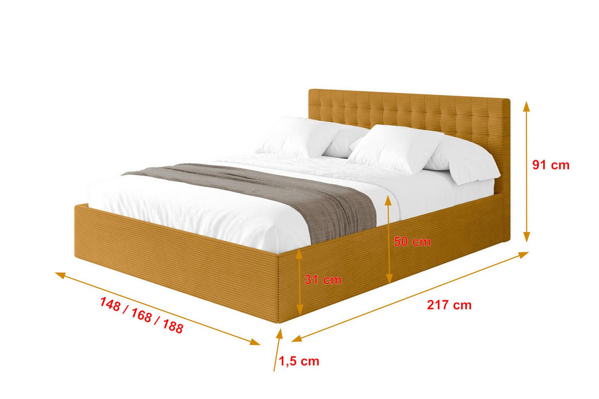 POLSTERBETT mit Bettkasten und Lattenrost, Boxbett ohne Matratze - PARI 180x200 Senfgelb - Currygelb, Holzwerkstoff/Textil (180/200cm) - ALTDECOR