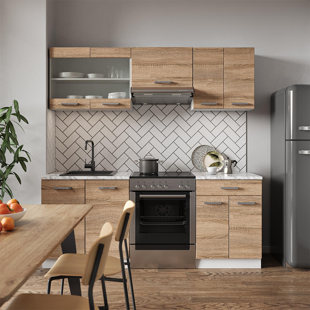 KÜCHENZEILE R-Line Sonoma/Weiß 200 cm ohne AP - Weiß/Sonoma Eiche, Holzwerkstoff (200/81.6/60cm) - Vicco