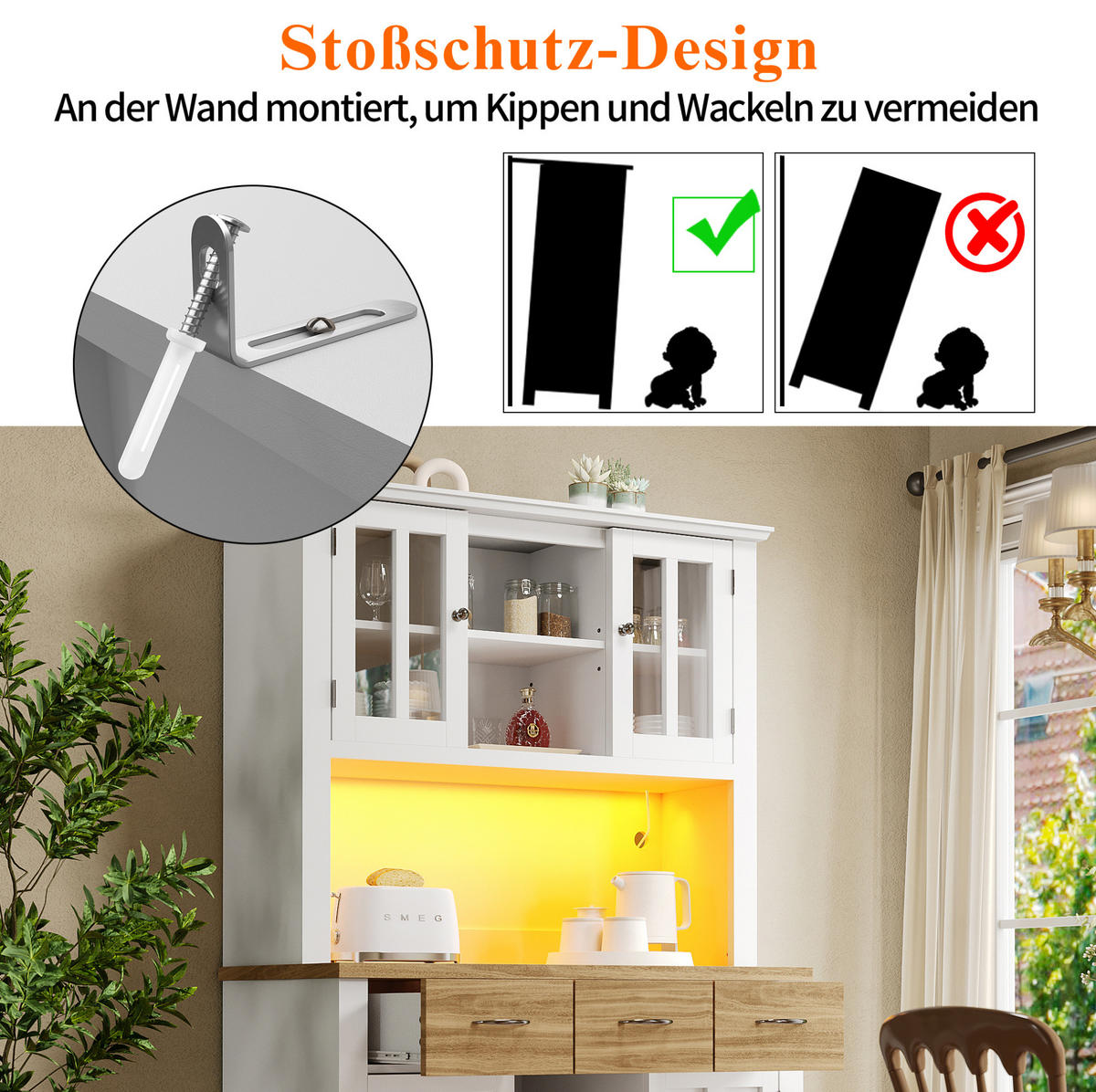 BUFFET 106/40/179,5 cm aus MDF mit LED-Beleuchtung und Weinregal Weiß - Weiß, Holzwerkstoff (106/179.5/40cm) - Modenvie
