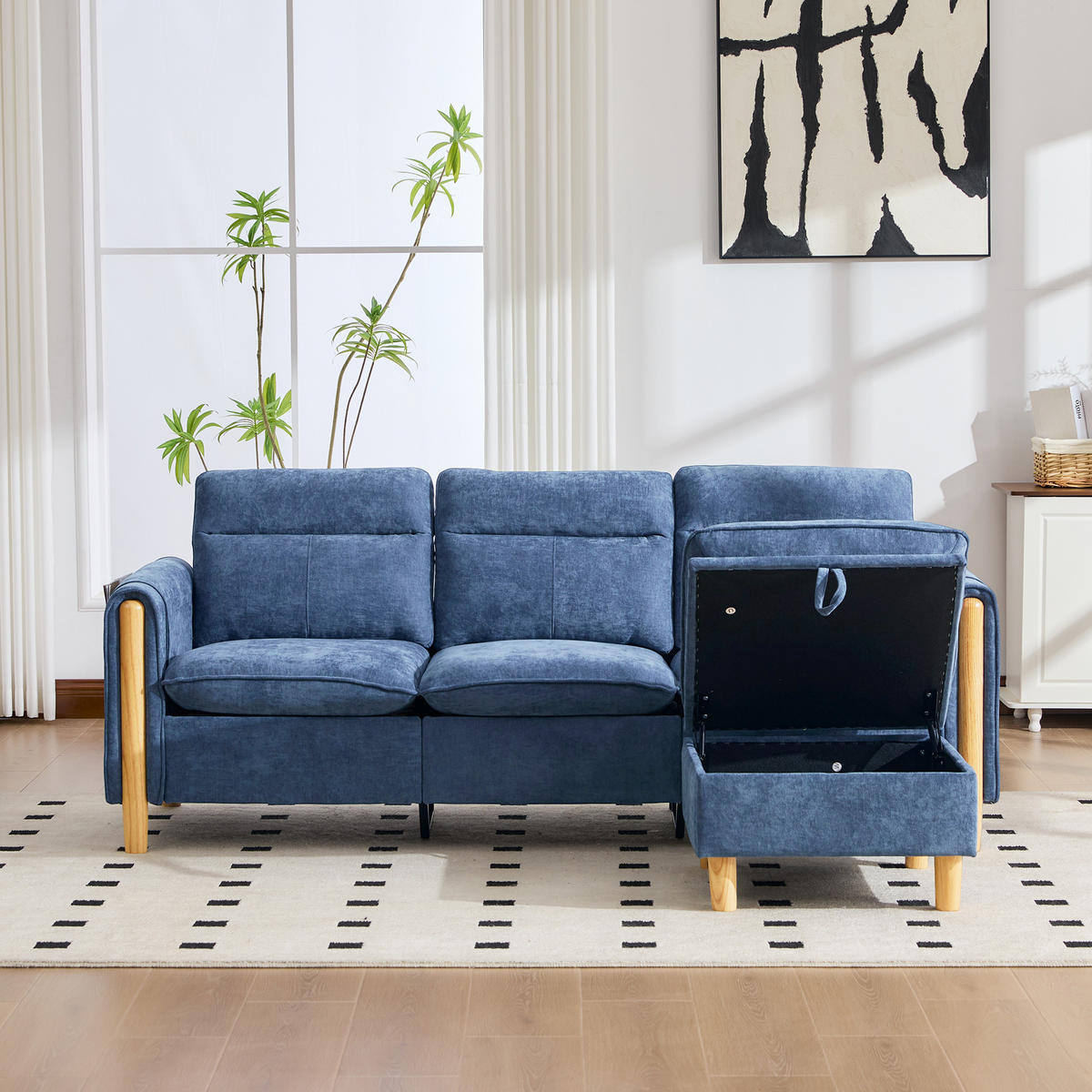 ECKSOFA DE-33940 mit Stauraumhocker und Seitentaschen Blau - Blau, Holz (77/201cm) - ComfortXL