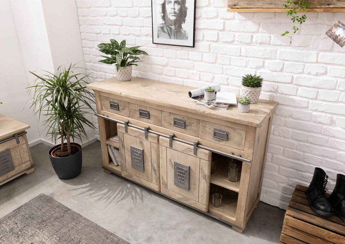 SIDEBOARD Mango 150x45x90 whitewash lackiert RAILWAY #319 - Beige, Holz (150/90/45cm) - Massivmoebel24