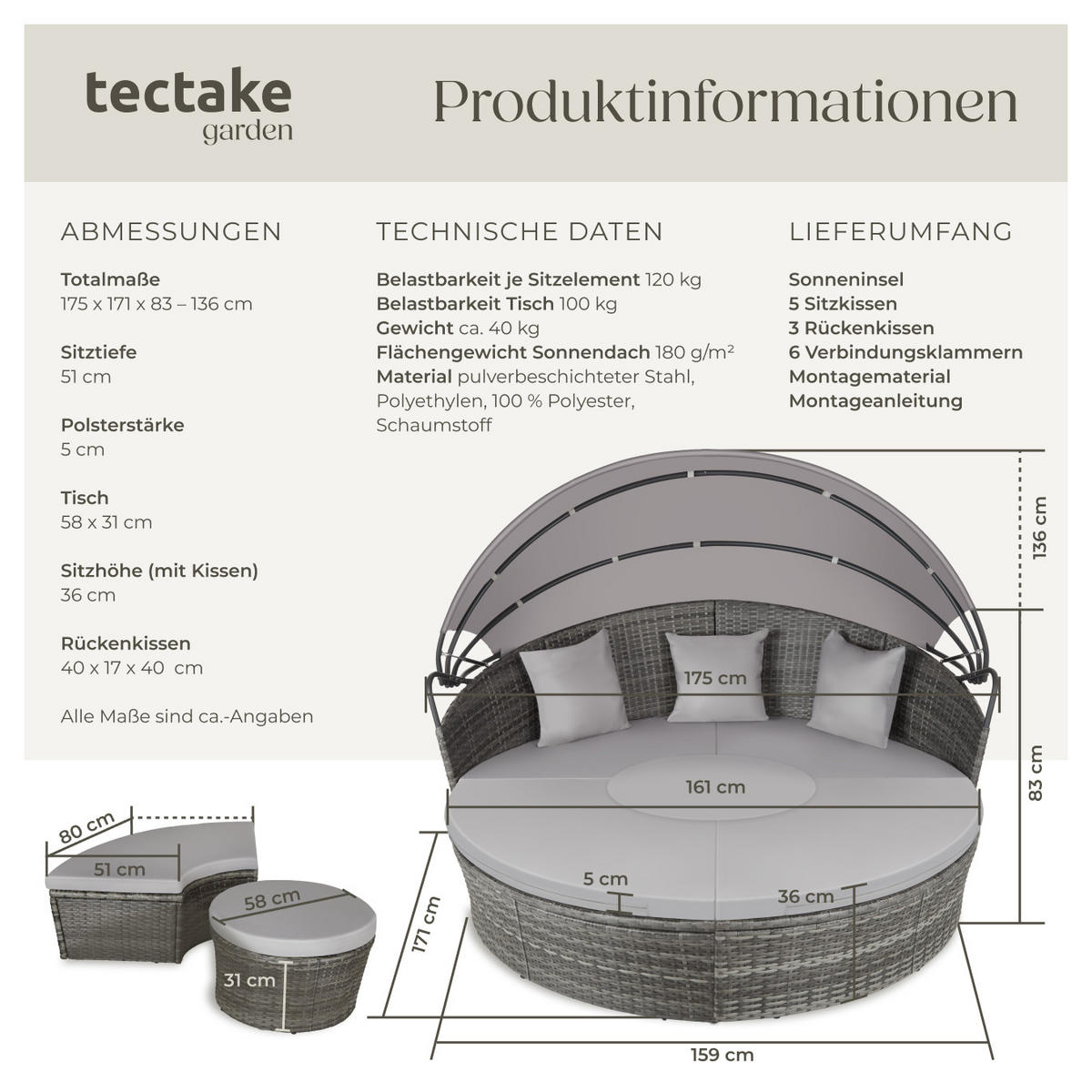 RATTAN SONNENINSEL Santorin,variabel aufstellbar,grau - Grau, Kunststoff (171/136/175cm) - tectake