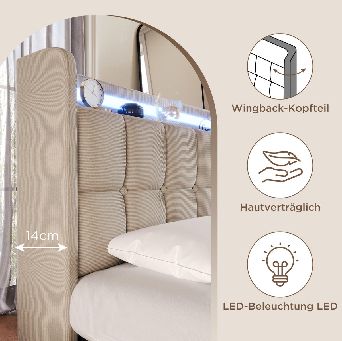 POLSTERBETT 90/200 cm Beige aus Holz mit LED, USB und 2 Schubladen - Beige, Holzwerkstoff (90/200cm) - OKWISH