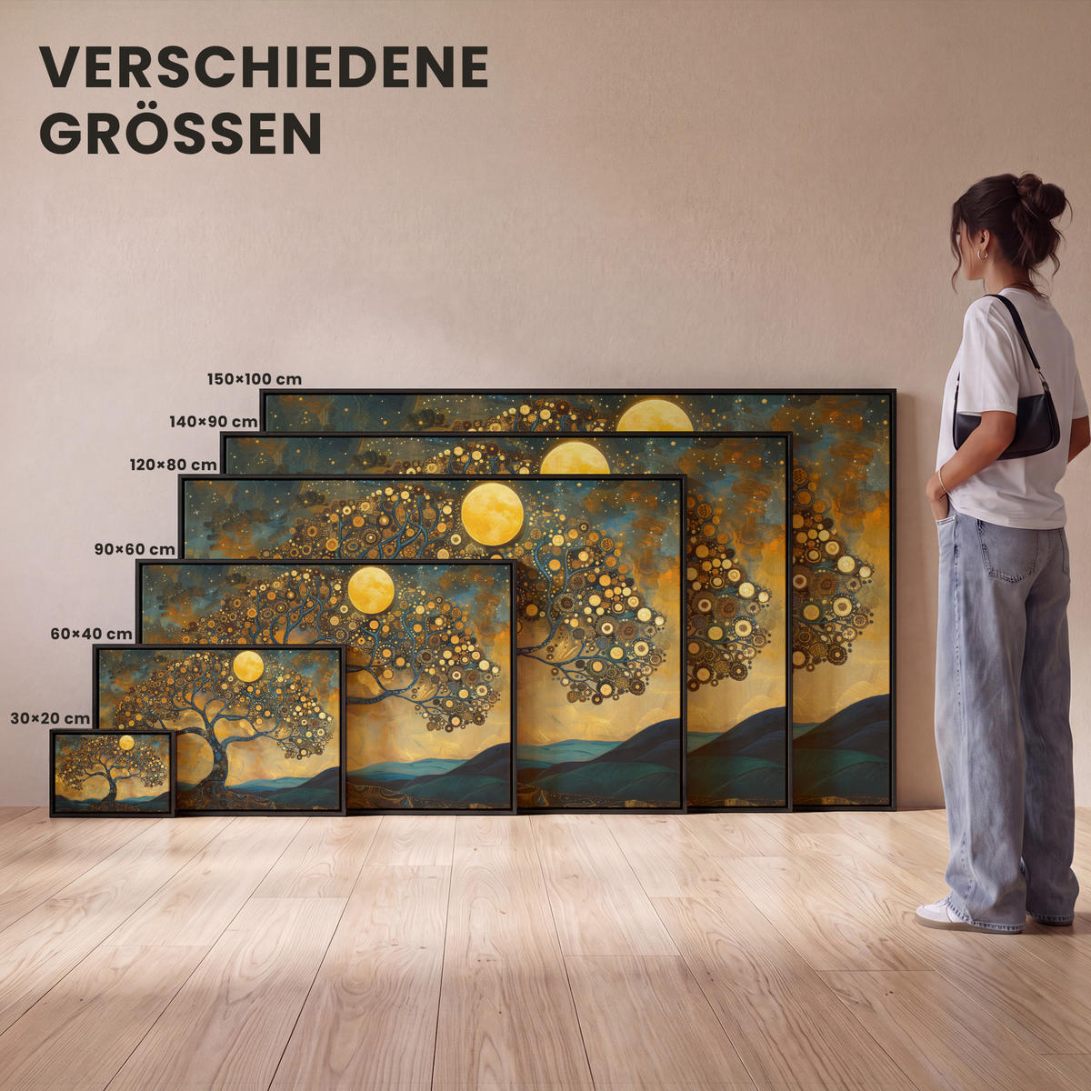 LEINWAND Bilder mit Rahmen - Baum - Mond - Blumen - Gold - Kunst - 150x100 - Orange, Textil (150/100cm) - MuchoWow