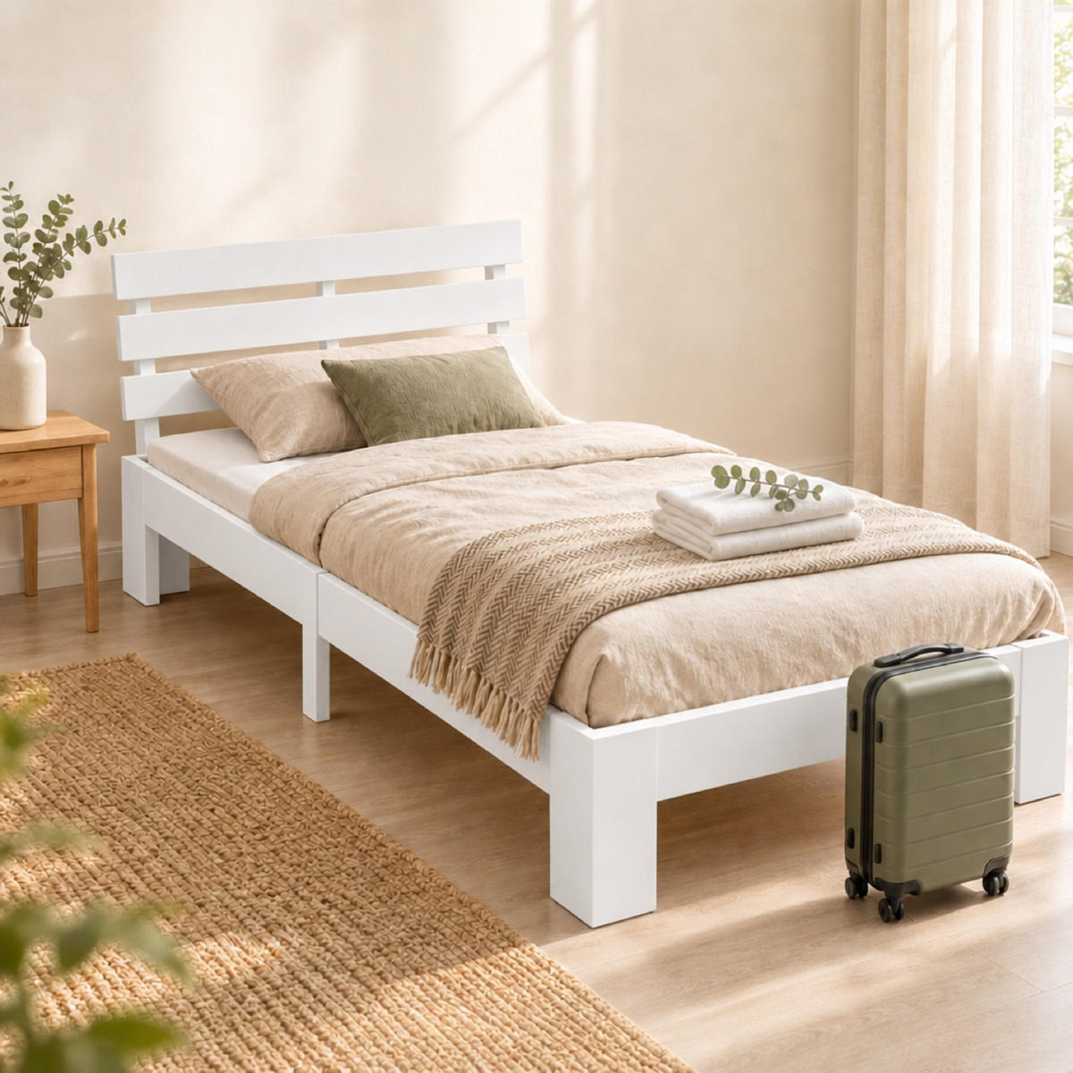 POSTELJA Bela masiven bor z letvenim dnom 90x200 cm - bela, les - Relaxdays