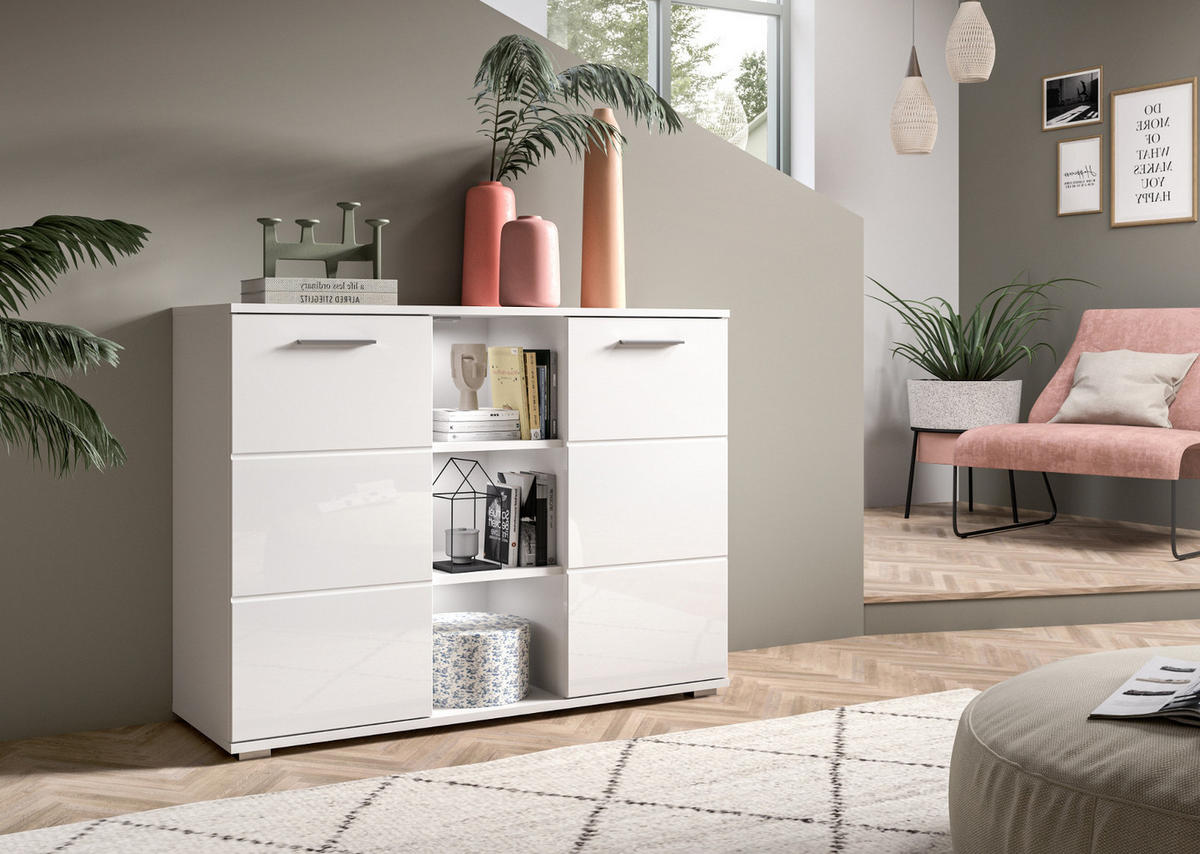 KOMMODE weiß Hochglanz 110 cm, Sideboard mit 9 Fächern - Weiß Hochglanz/Silberfarben, Holzwerkstoff/Kunststoff (110/83/37cm) - Inn.Furn