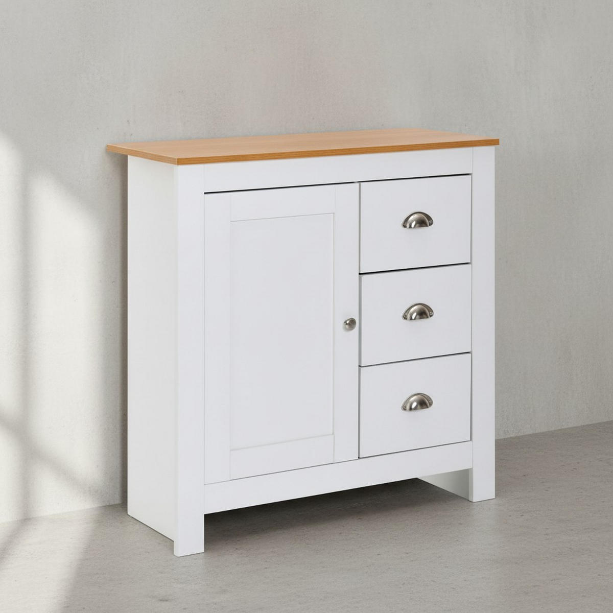 KOMMODE – Eiche-Finish, 3 Schubladen, 2 Türfächer - Weiß, Holz/Metall (79/81/35cm) - KADIMA DESIGN