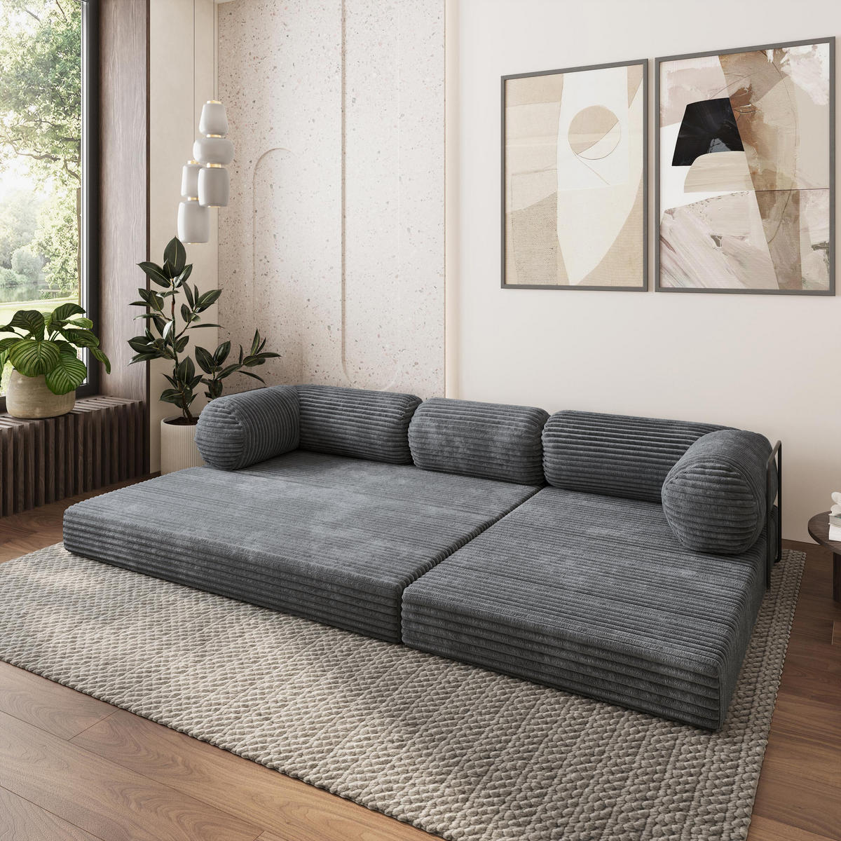 ROHOVÁ SEDAČKA ETERA modulární Boneless pohovka s funkcí spaní, grafitová TILIA 90 - tmavě šedá, textil (270/160cm) - MASSENO