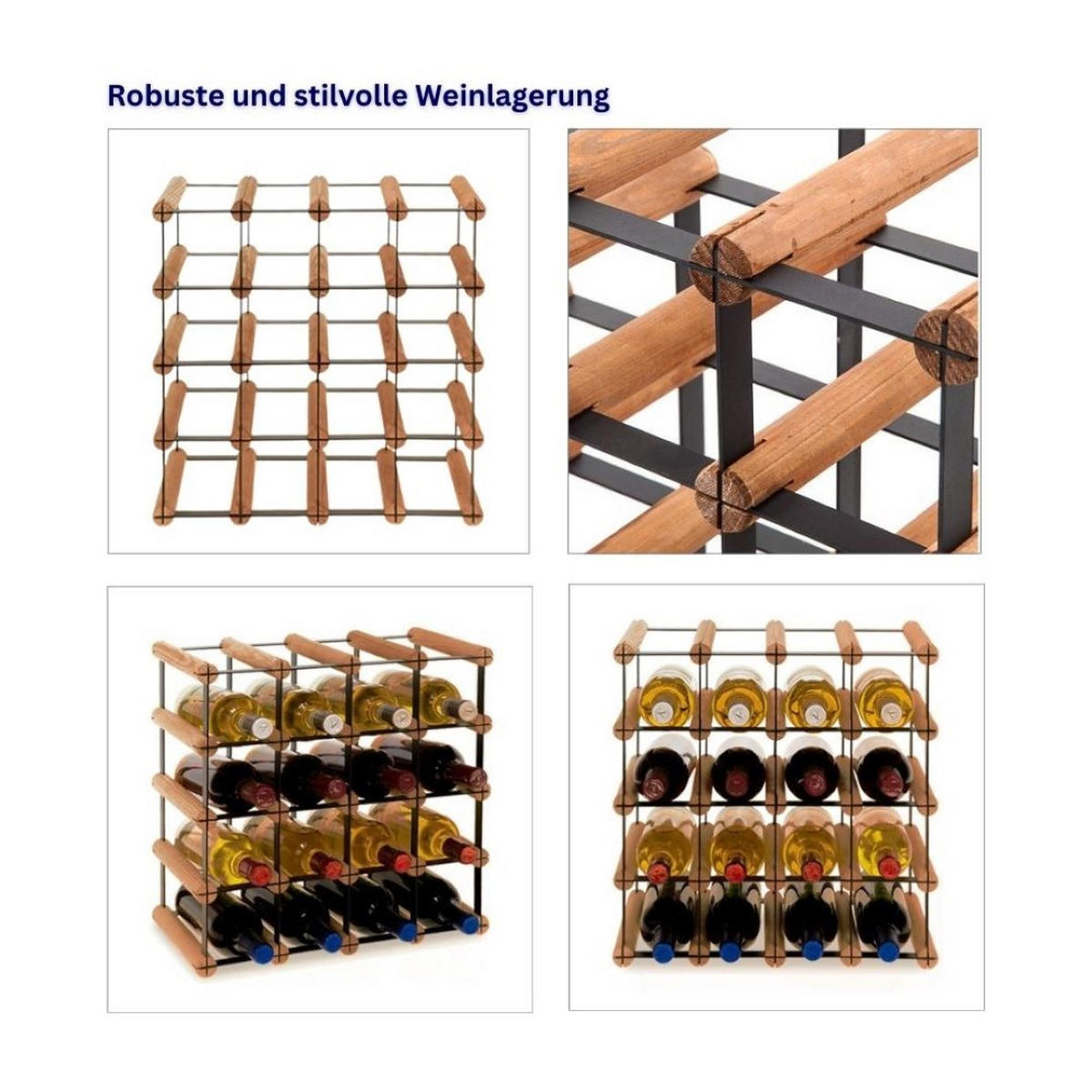 WEINREGAL Vinotega Mod Metal 42,5x42,5x24,5 cm 4x4 Flaschen Massives Kiefernholz Braun Geölt - Braun, Holz (42.5/42.5/24.5cm) - PROREGAL