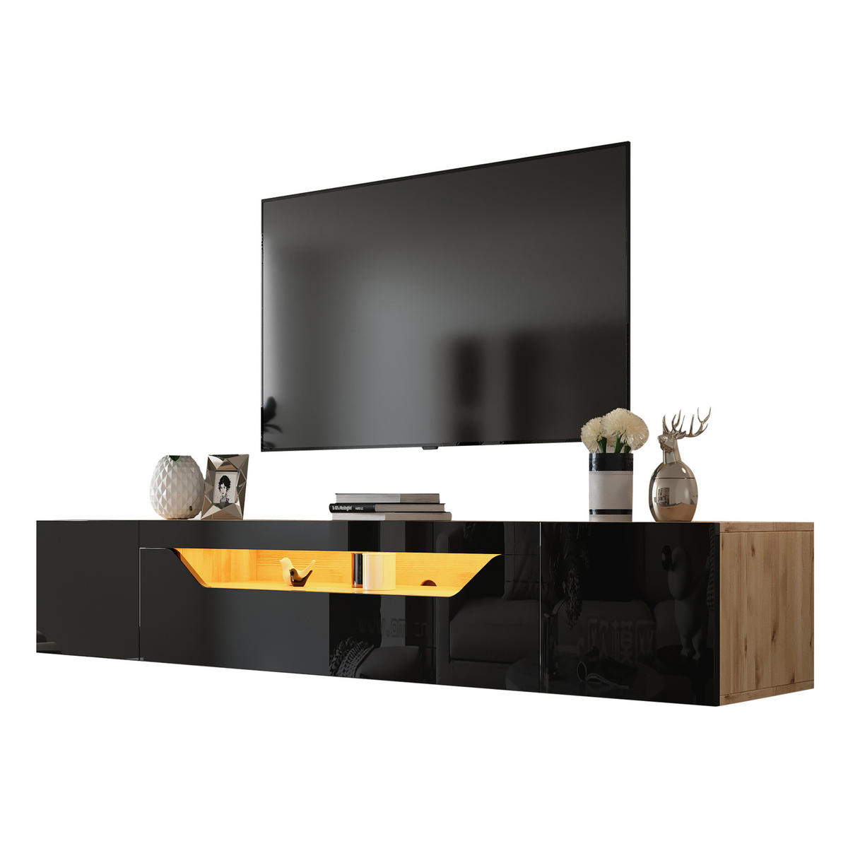 TV-SCHRANK 170/36/55 cm weiß MDF mit Goldverzierungen und Soft-Close-Scharniere - Schwarz, Holzwerkstoff (180/36/37cm) - OKWISH
