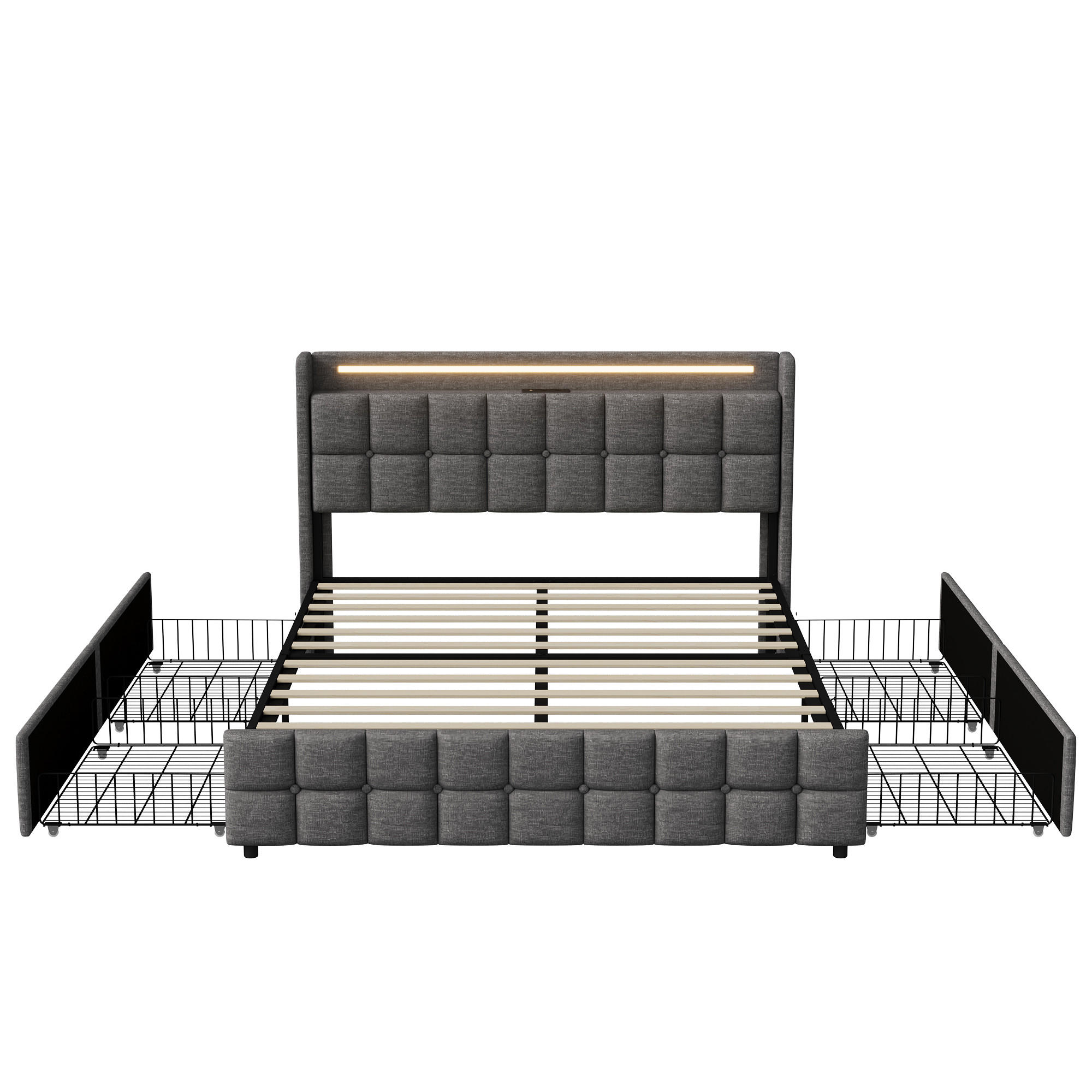 POLSTERBETT 160/200 cm grau mit Schubladen, LED und USB - Grau, Holz