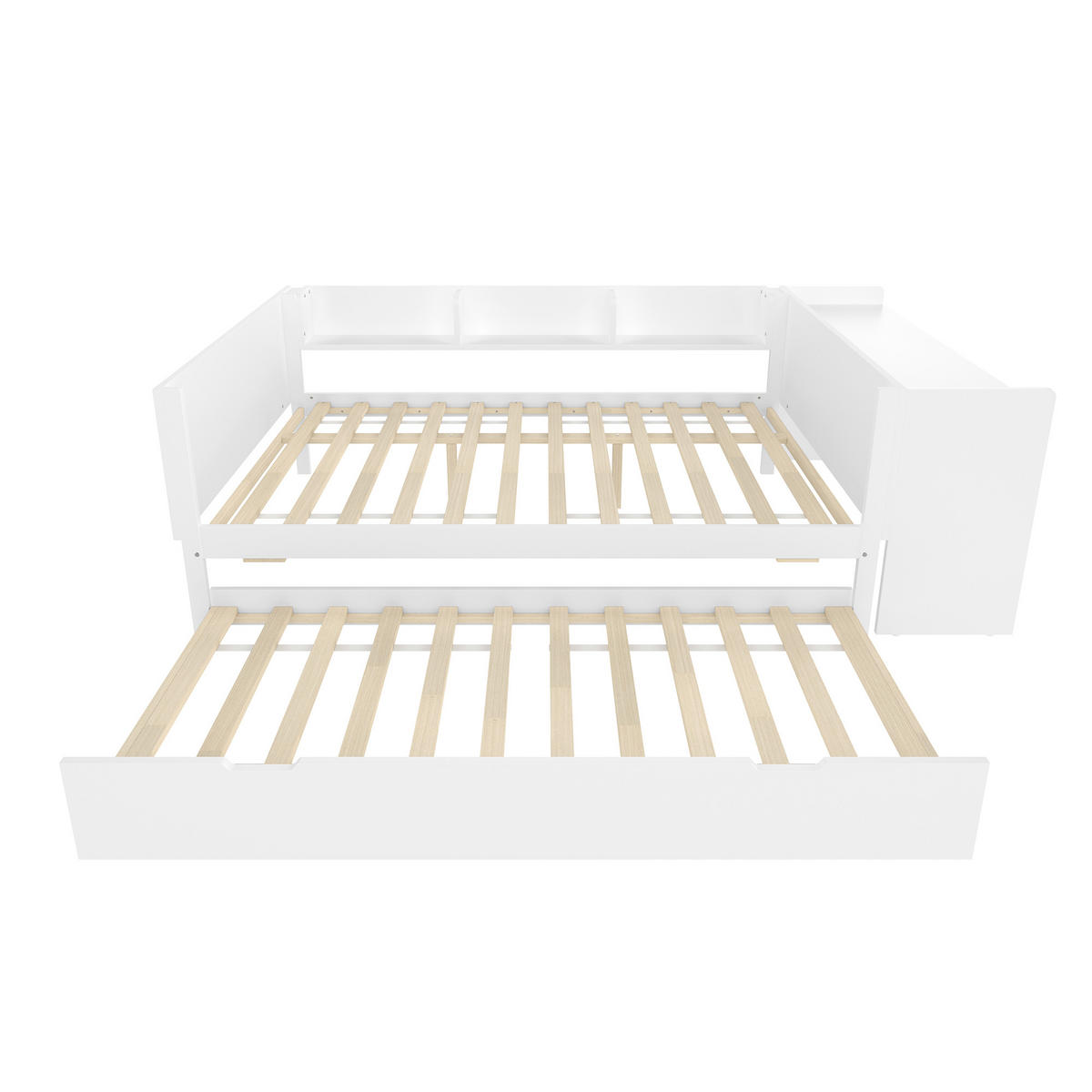 FLACHBETT 140x200cm Weiß Holz Schreibtisch Rollbett Regale - Weiß, Holz (140/200cm) - FLIEKS