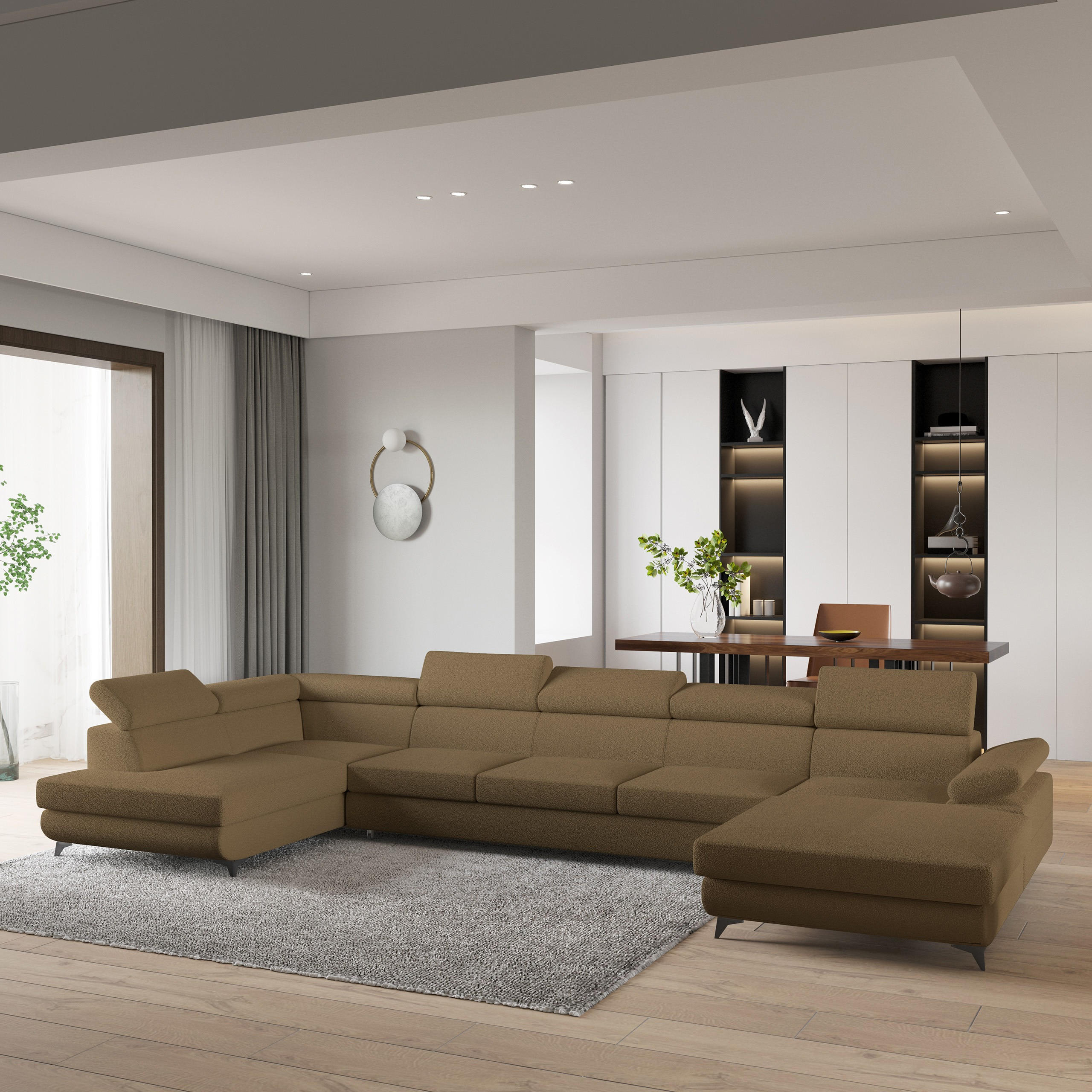 WOHNLANDSCHAFT MONTIVA Orange Boucle-Stoff mit Schlaffunktion - Orange, Holz (410/89/190cm) - MASSENO