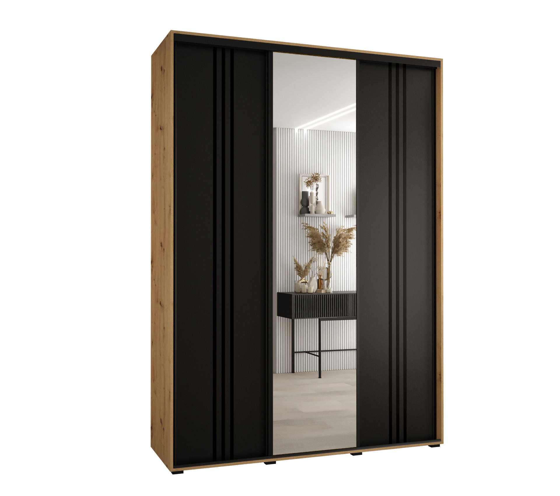 Abiks Möbel Schwebetürenschrank Eiche Artisan, Schwarz, Schwarz 180x235x60 cm