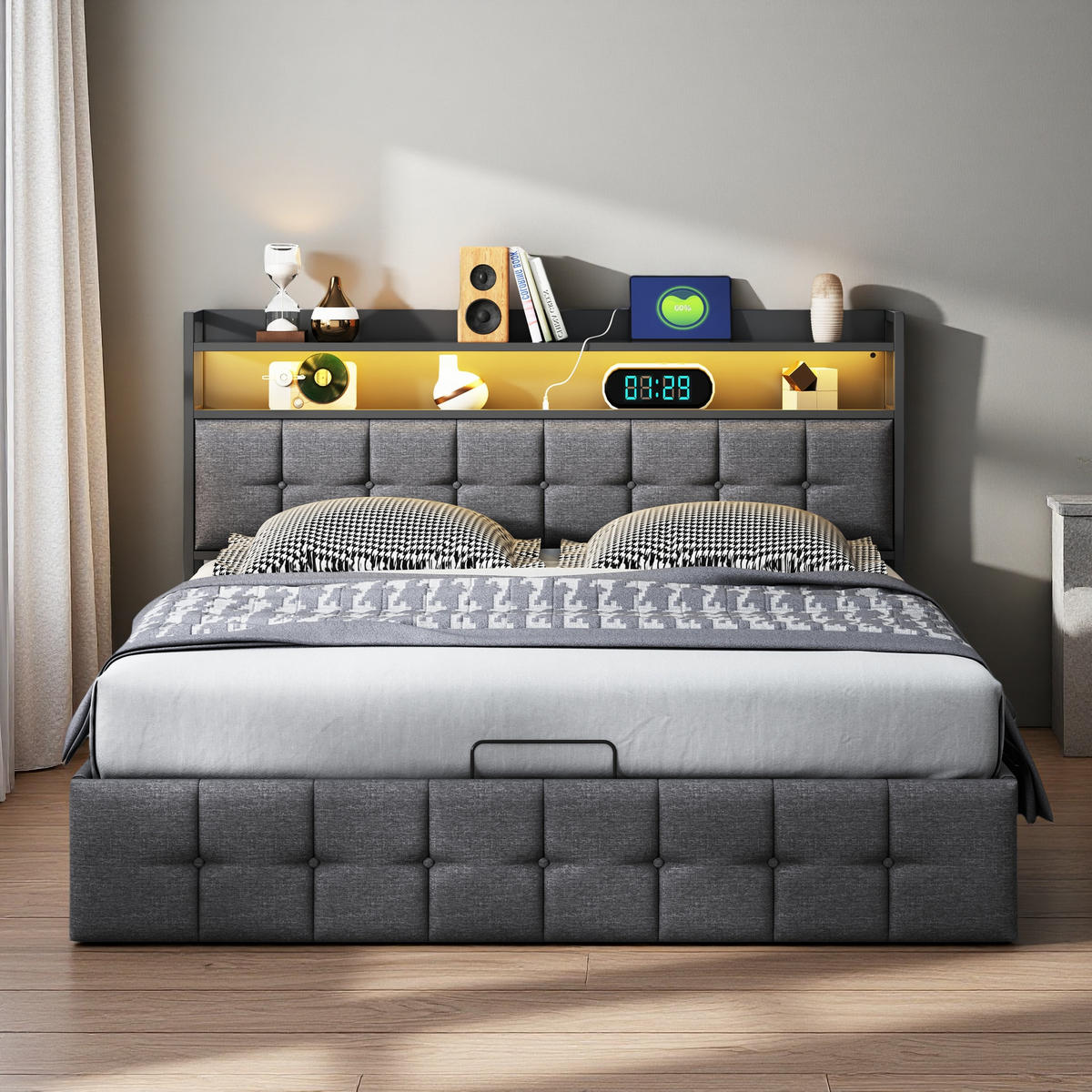 POLSTERBETT 140x200 cm Grau LED USB Stauraum - Grau, Metall (140/200cm) - SHOPENTRA