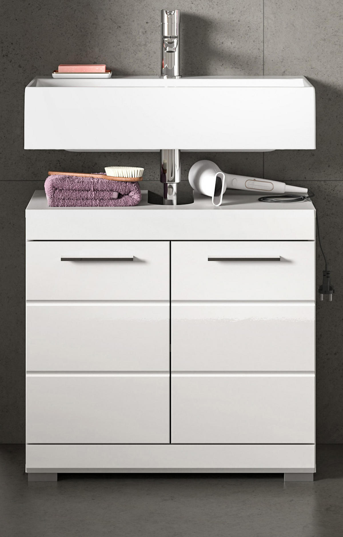 WASCHBECKENUNTERSCHRANK weiß Hochglanz 60 cm mit Rillenoptik - Weiß Hochglanz/Silberfarben, Holzwerkstoff/Kunststoff (60/56/34cm) - Inn.Furn