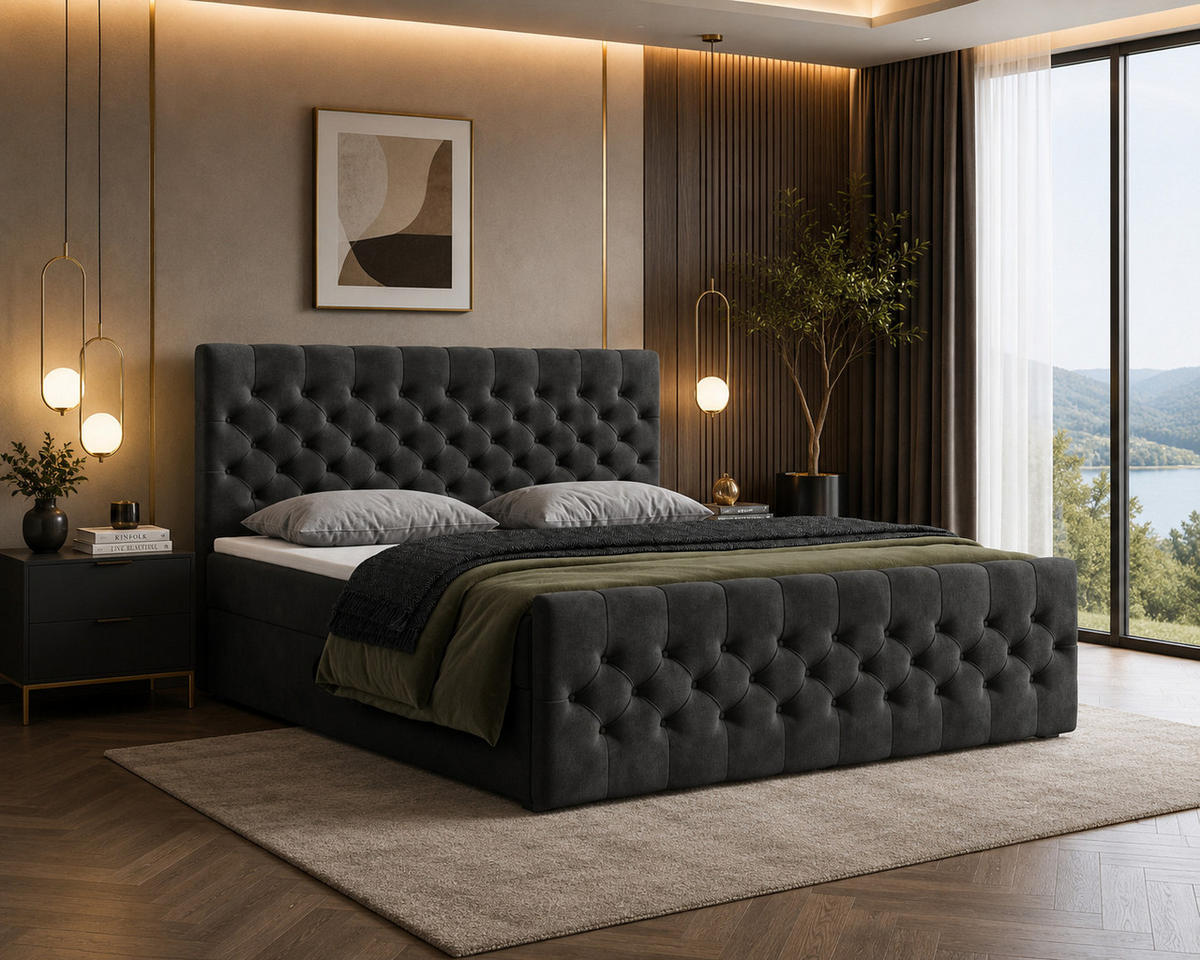 BOXBETT 12 140 x 200 cm - Manila - Modernes Polsterbett mit Bettkasten inkl. PU-Schaum-Topper und Federmechanismus - Schwarz, Holz (140/200cm) - ROYAL24_MARKT