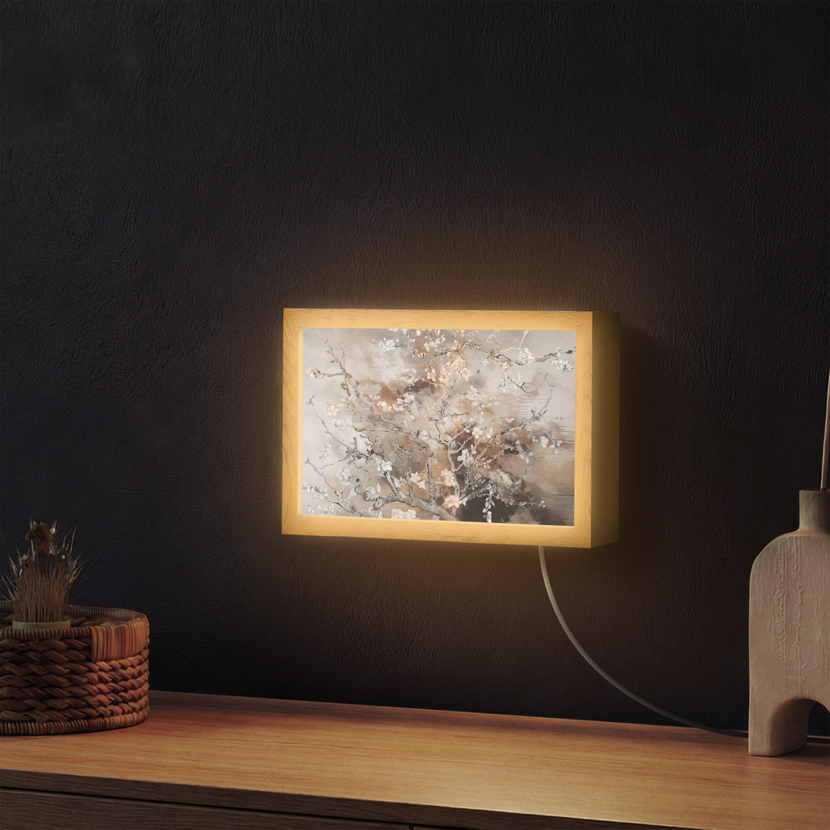 NÁSTĚNNÁ LAMPA Mandlový květ - Umění - Van Gogh - Béžová - Abstraktní 30x20 cm - šedohnědá, kompozitní dřevo (30/20/8cm) - OnlyWow