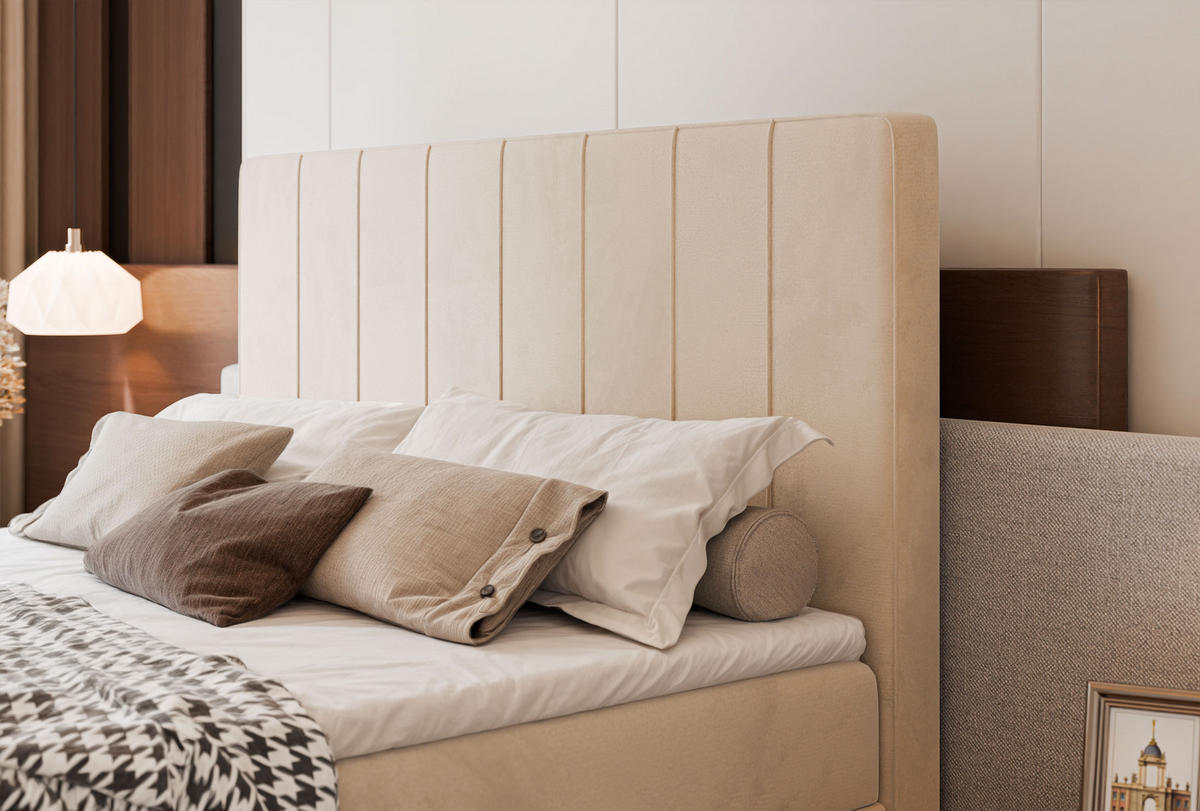 BOXBETT VERA 120x200 cm mit Matratze und Topper, Dichter wasserabweisender Samt Creme - Creme, Textil (120/200cm) - Idohome