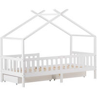 HAUSBETT 90/200 cm in Weiß – mit Satteldach, Zaun und 2 Schubladen - Weiß, Holz (90/200cm) - BEAOK