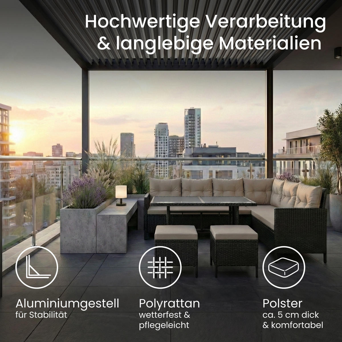 GARTENMÖBEL-SET mit Ecksofa und Esstisch in graue Kissen - Grau, Metall - Home Collective