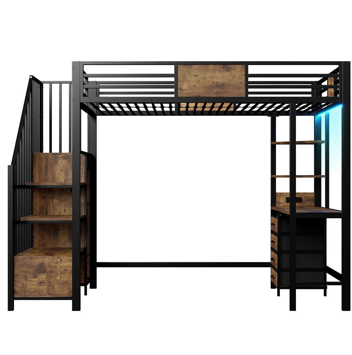 HOCHBETT aus Metall 90x200 cm Schwarz mit Schreibtisch, Ablagefächern, Kleiderstange, LED-Beleuchtung und Steckdose - Schwarz, Metall (90/200cm) - Modfu