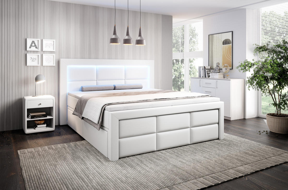 BOXSPRINGBETT Aspen mit Schubladen und Topper, LED-Beleuchtung, Kunstleder, 180x200 cm, Weiß - Weiß, Holz - PROMETO Möbel