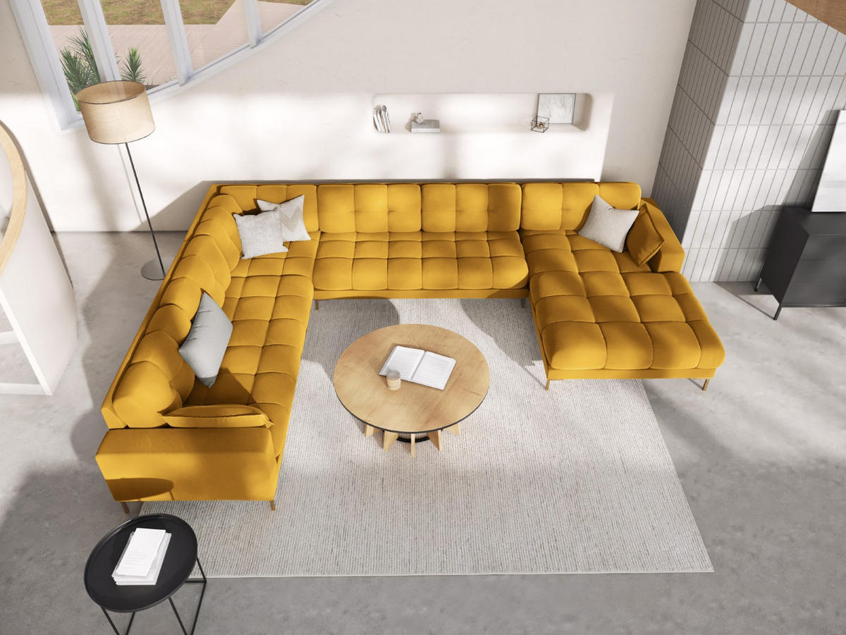 PANORAMASOFA links Mamaia aus Samt gelb 7 Sitzplätze - Gelb, Textil (256/75/327cm) - Micadoni